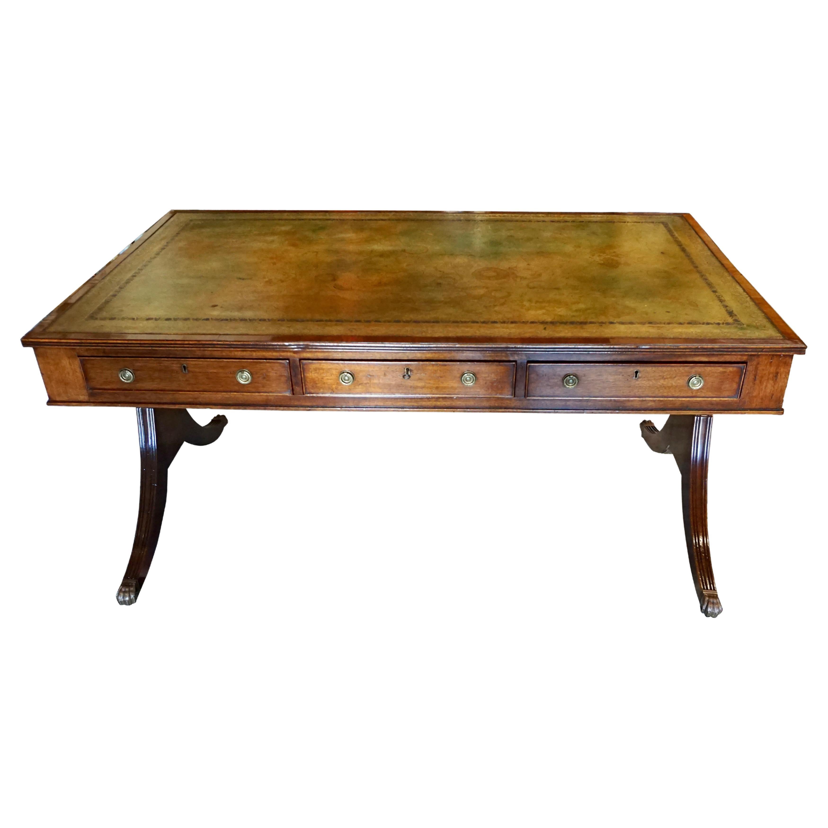 English Regency Style Mahogany Writing Table with Gilt-Tooled Leather Top For Sale