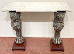 English Regency Style Marble Top Zinc Lion Caryatid Console Table