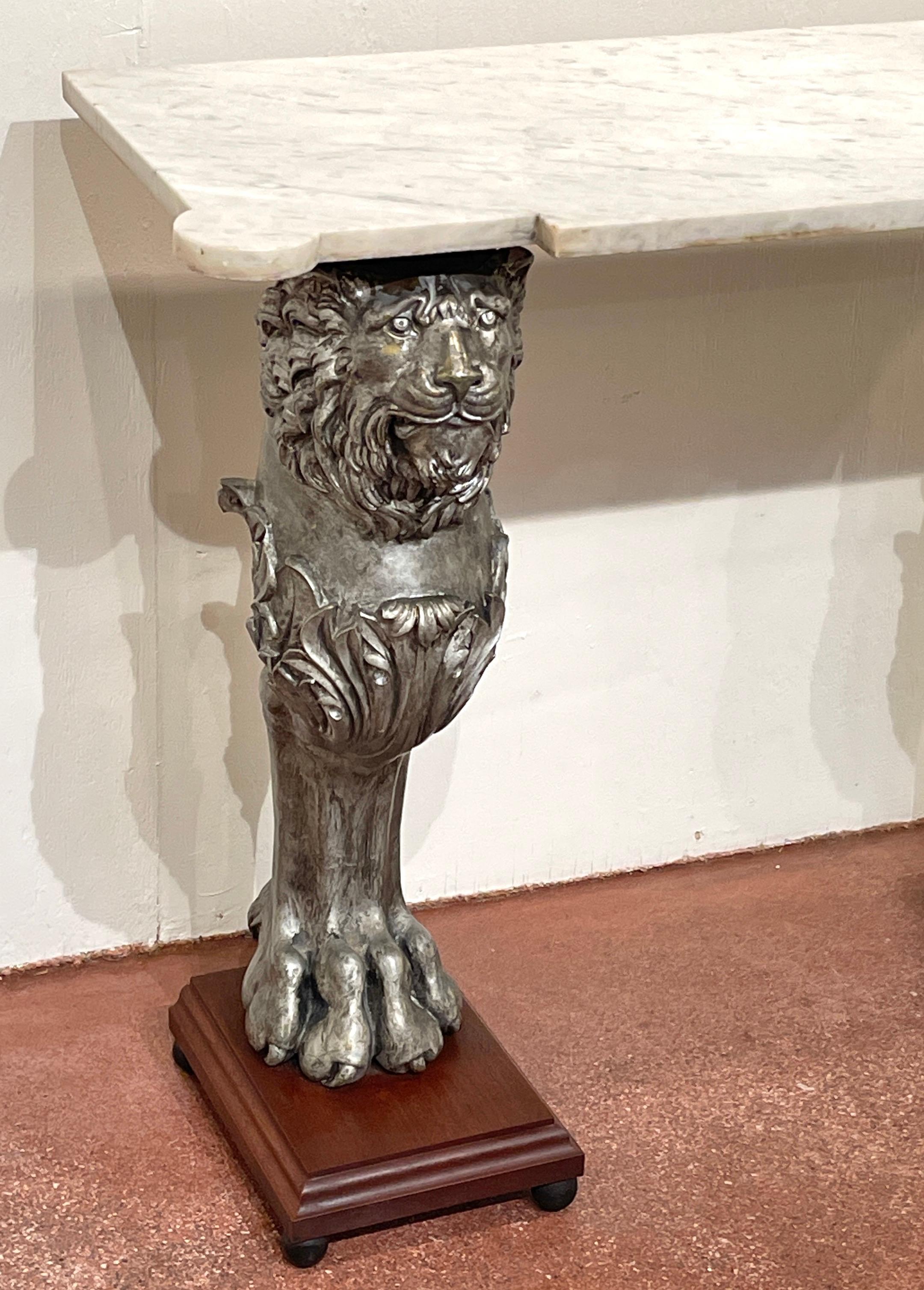 Silvered English Regency Style Marble Top Zinc Lion Caryatid Console Table For Sale