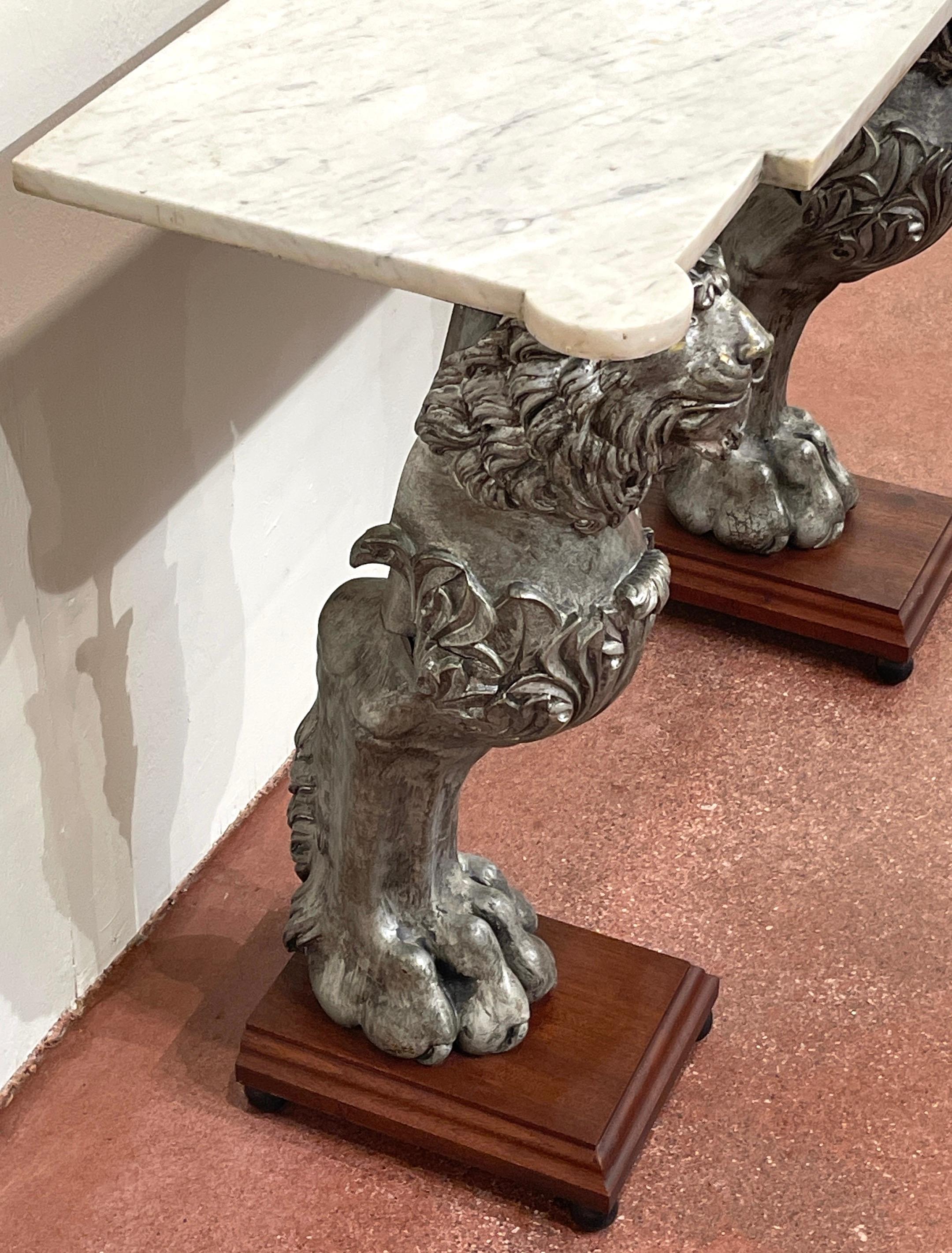 English Regency Style Marble Top Zinc Lion Caryatid Console Table For Sale 2