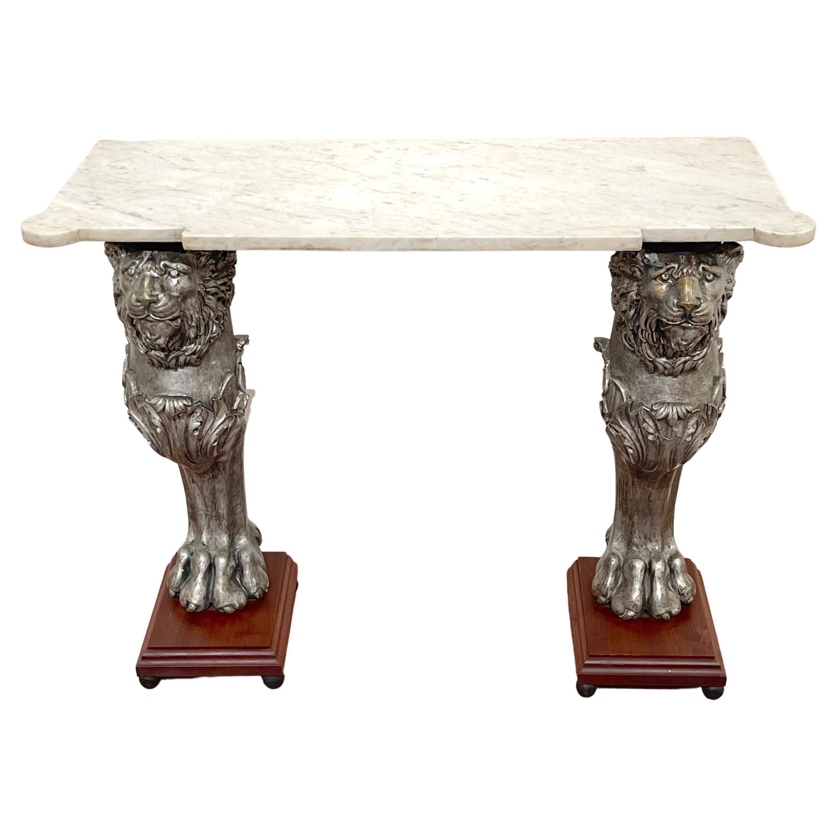 English Regency Style Marble Top Zinc Lion Caryatid Console Table For Sale