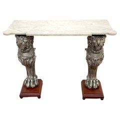 Antique English Regency Style Marble Top Zinc Lion Caryatid Console Table
