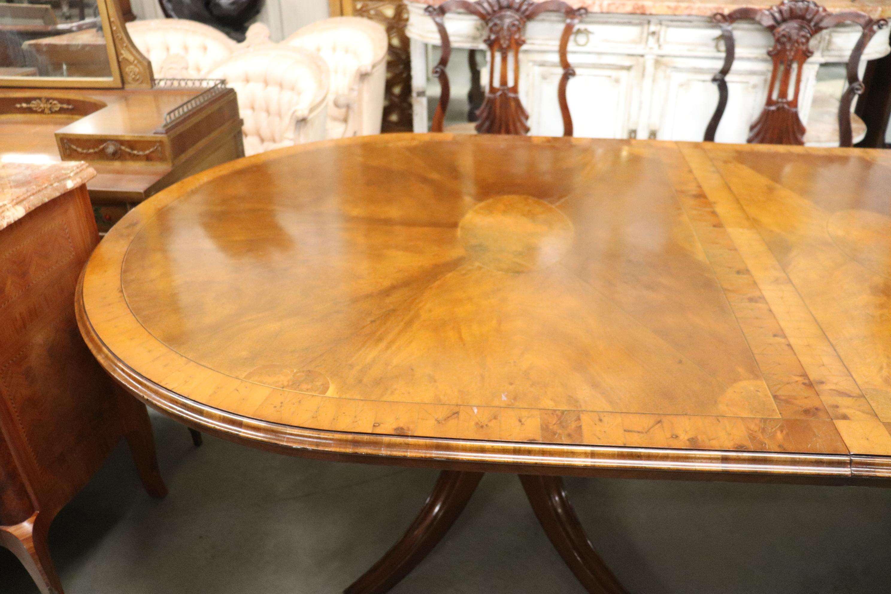 English Regency Style Oyster Burled Inlaid Walnut Dining Table with Two Leaves  1