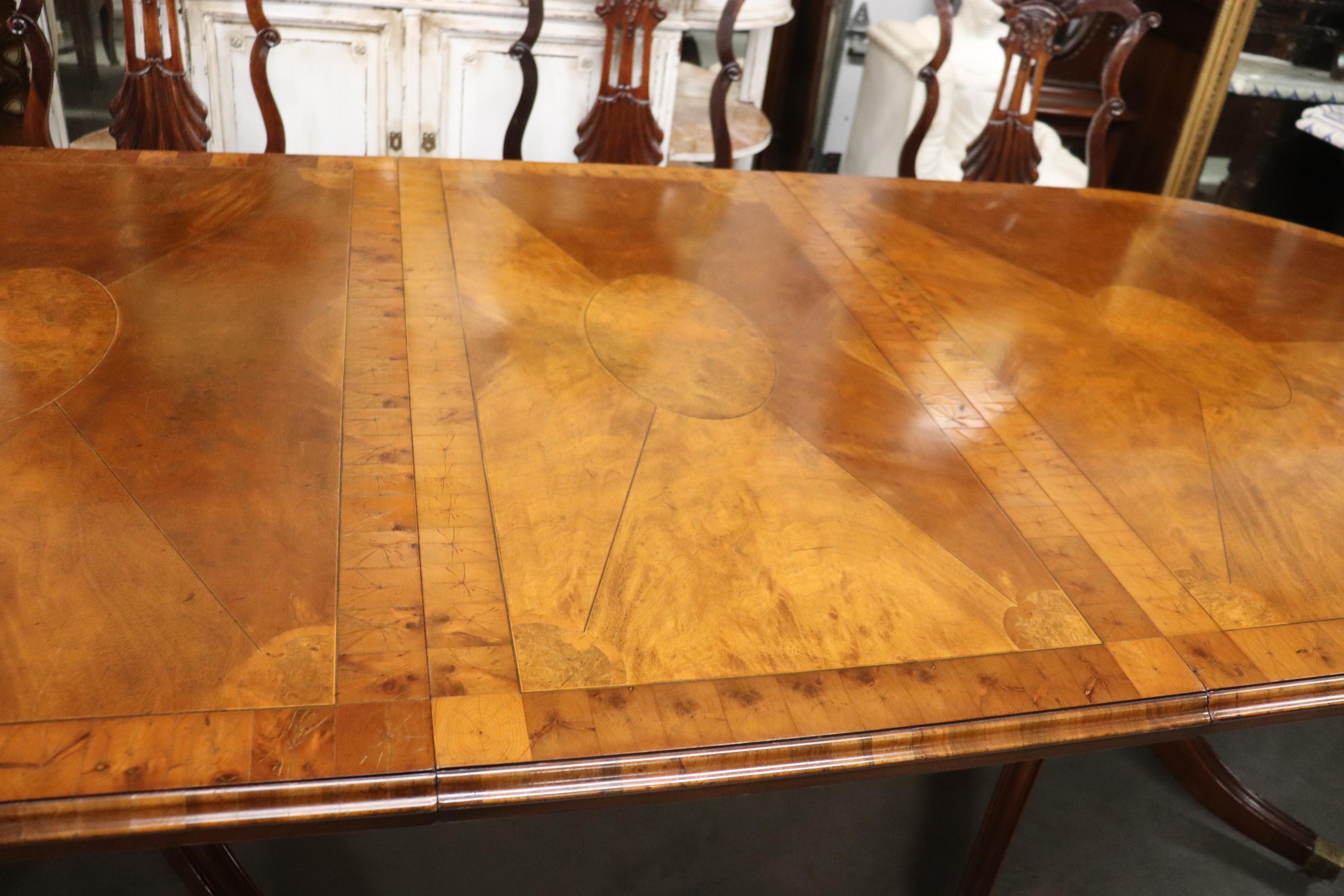 English Regency Style Oyster Burled Inlaid Walnut Dining Table with Two Leaves  2