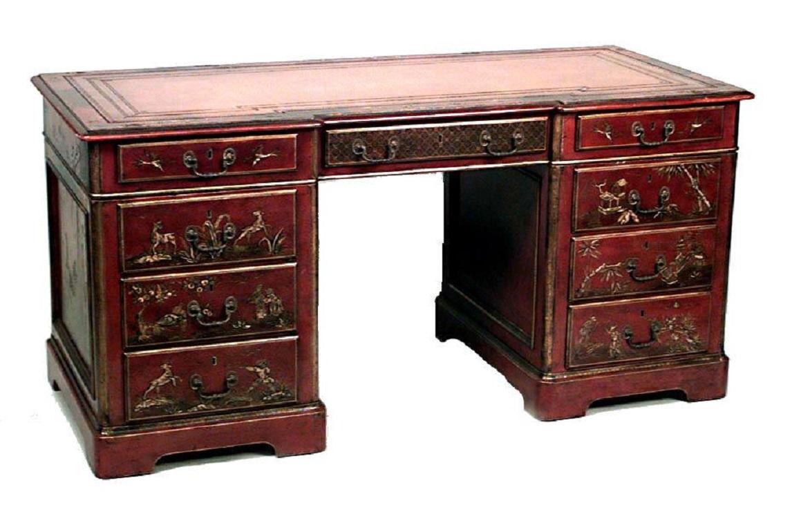 Laccato Scrivania a ginocchio in stile Regency inglese, laccata di rosso, con foro per le ginocchia in vendita