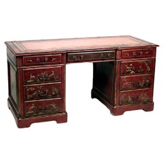 English Regency Style Red Lacquered Chinoiserie Knee Hole Desk