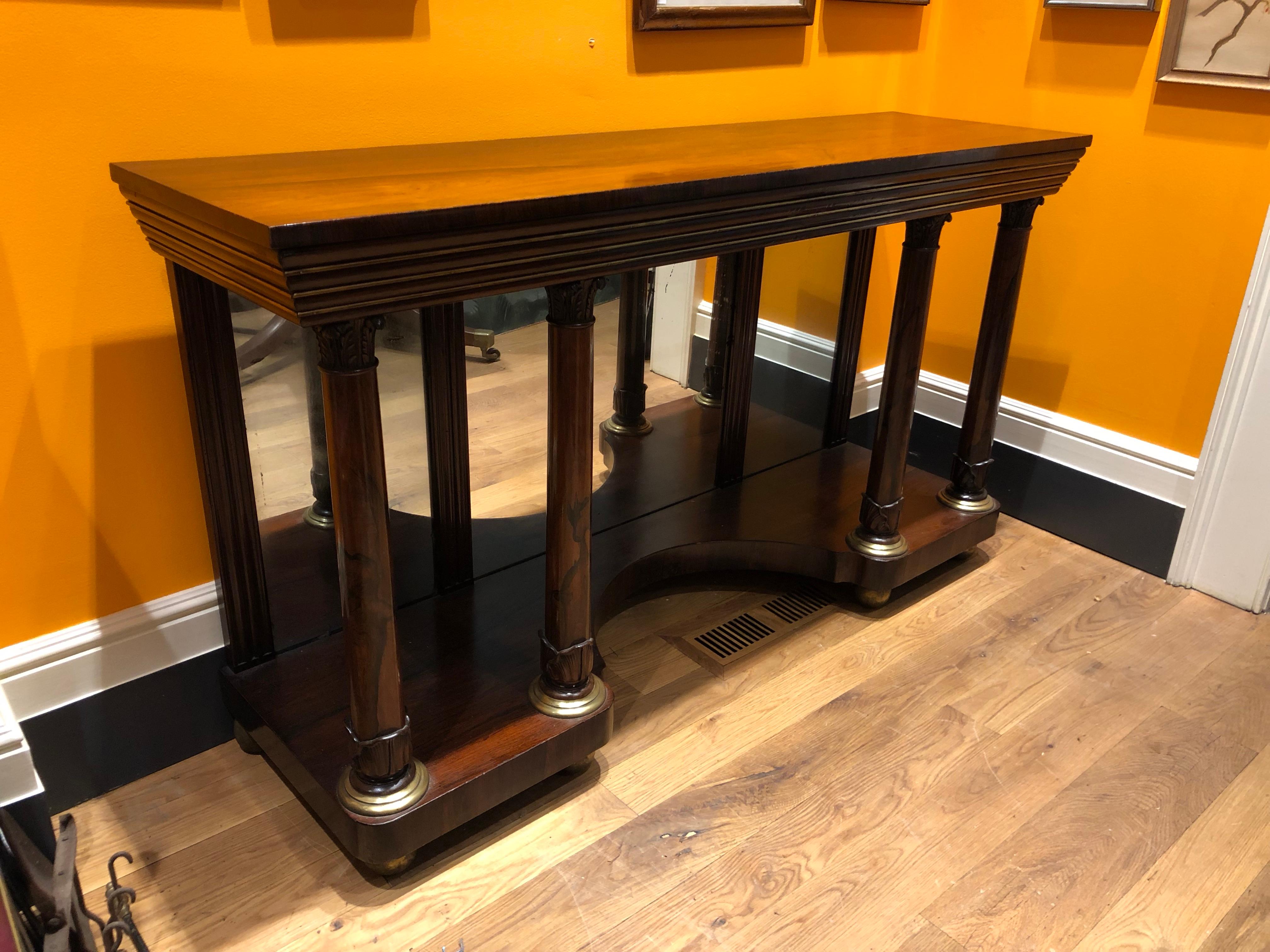 English Regency Style Rosewood Console Table with Brass Inlay and Mirror Base In Good Condition In Charleston, SC