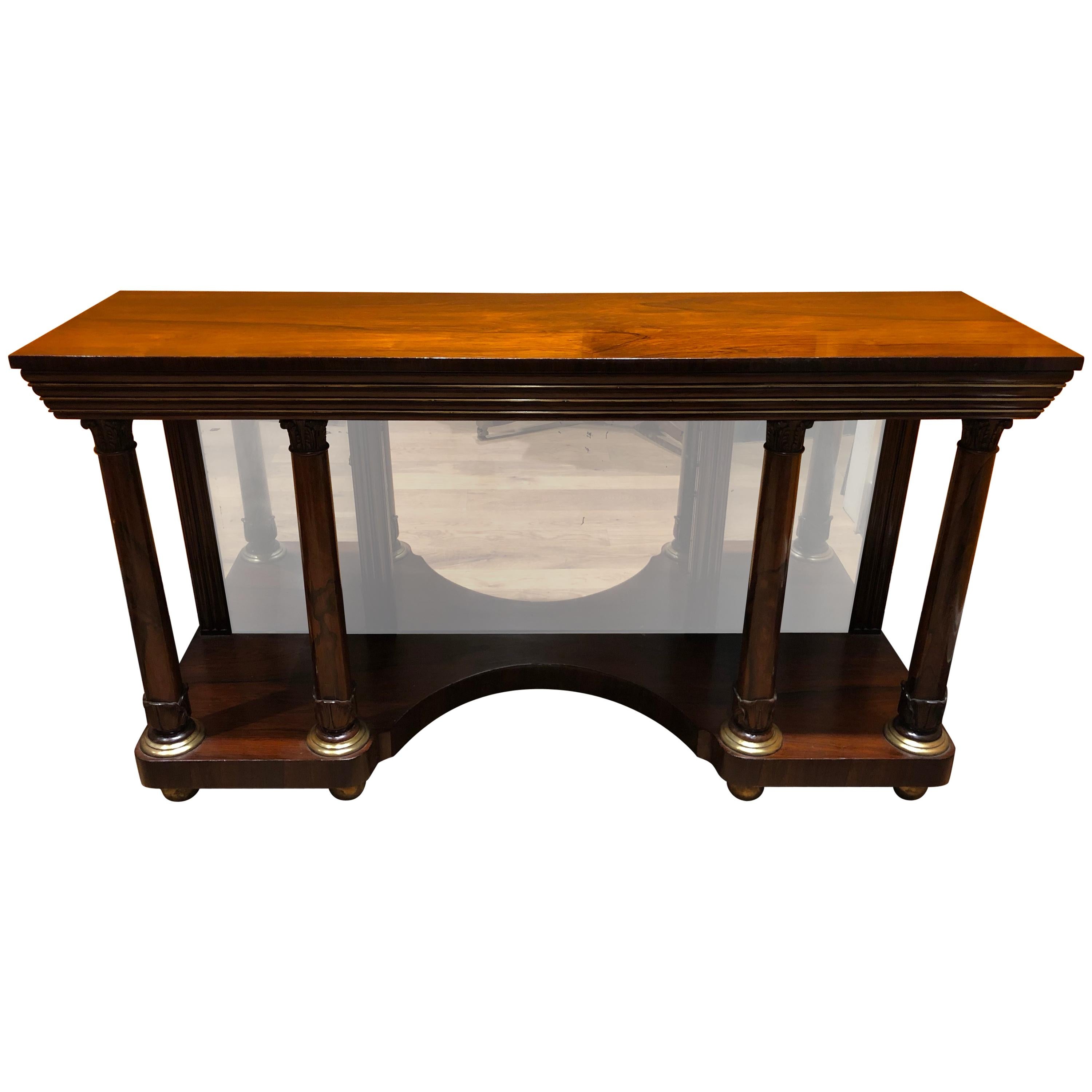 English Regency Style Rosewood Console Table with Brass Inlay and Mirror Base