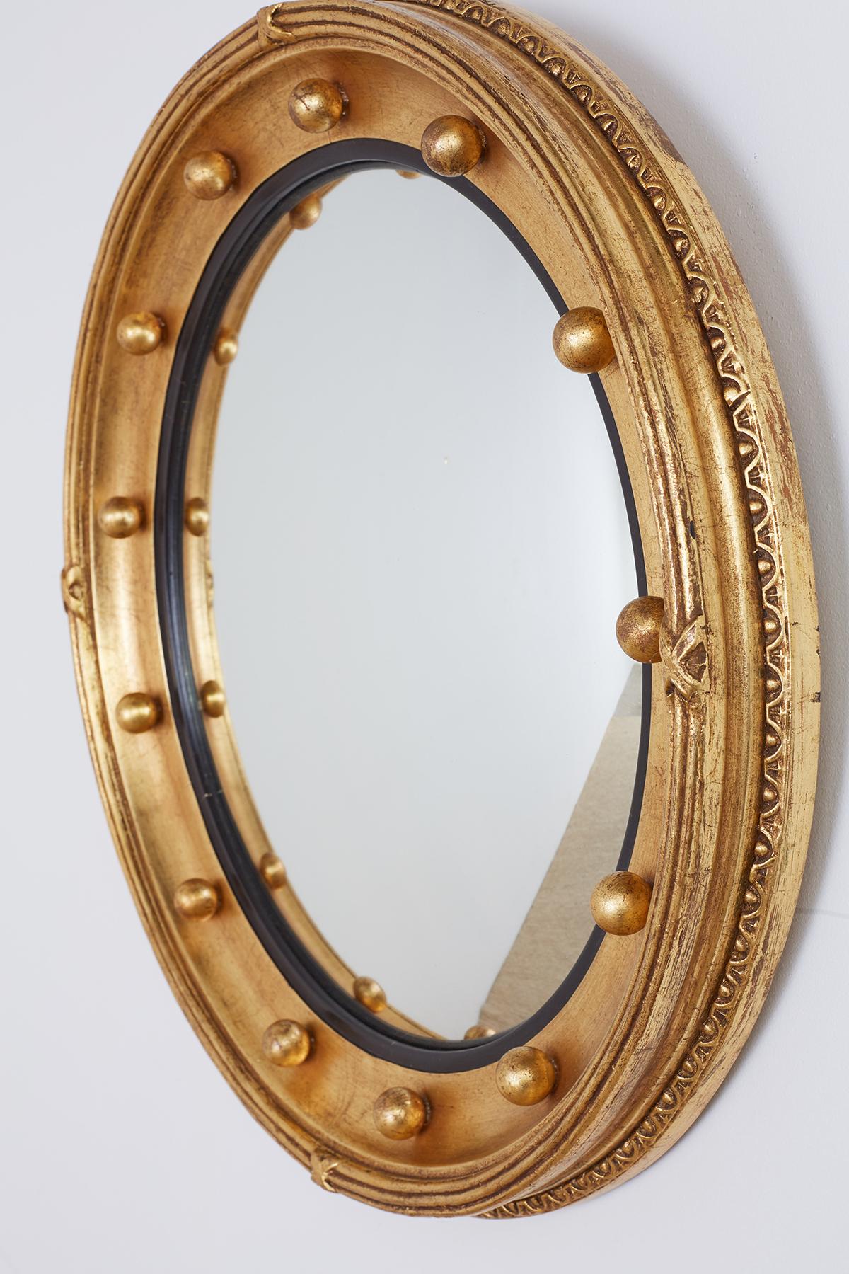 Gilt English Regency Style Round Convex Bullseye Mirror