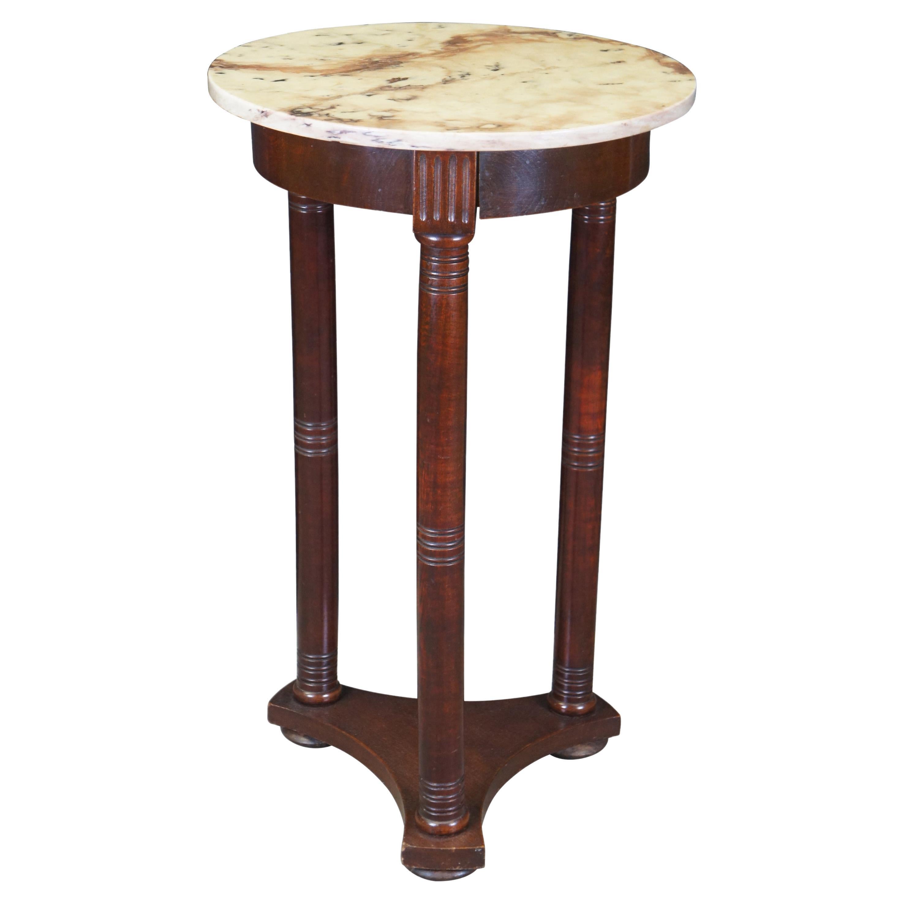 English Regency Style Round Marble Mahogany Pedestal Table Plant Stand 29" For Sale