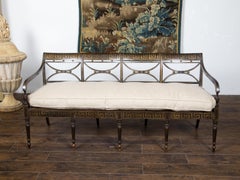 English Regency Style Settee with Gilded Greek Key Frieze and Custom Cushion