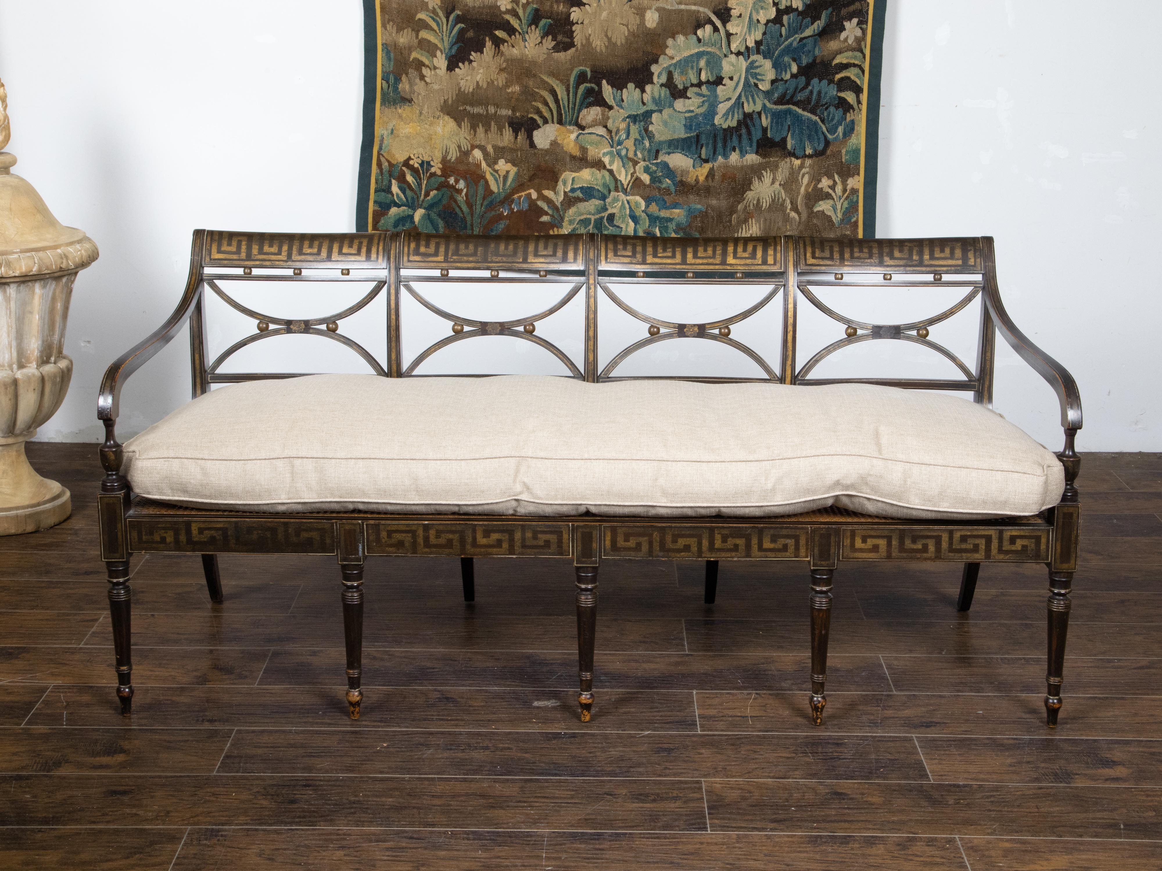 English Regency Style Settee with Gilded Greek Key Frieze and Custom Cushion 1