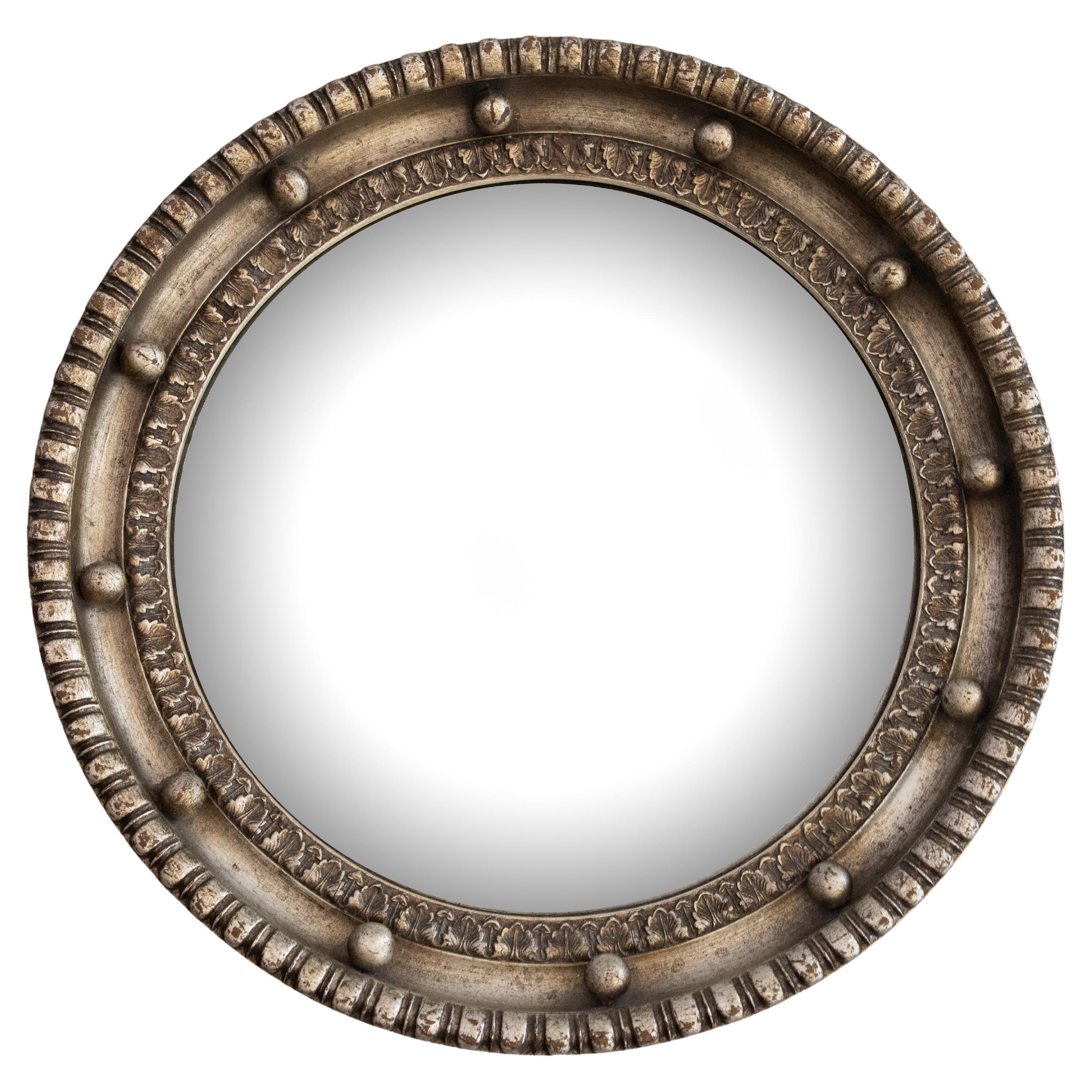 English Regency Style Silver Gilt Wood Bullseye Convex Mirror, Circa 1930