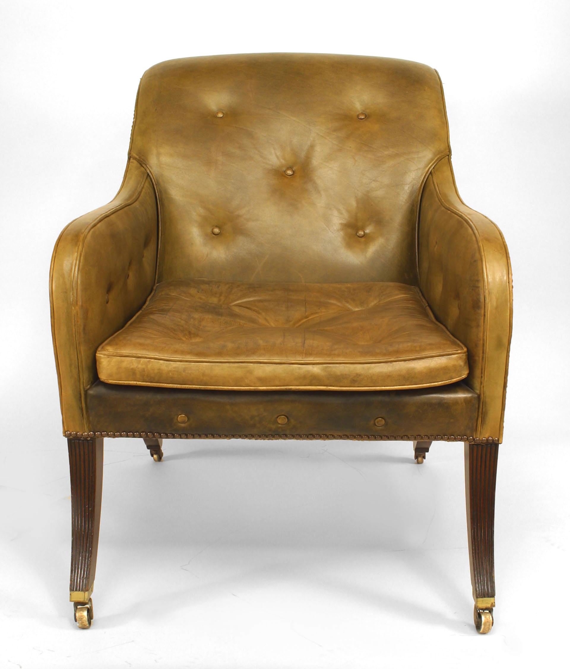English Regency style mahogany sleigh back club chair with green leather upholstery, (20th century).