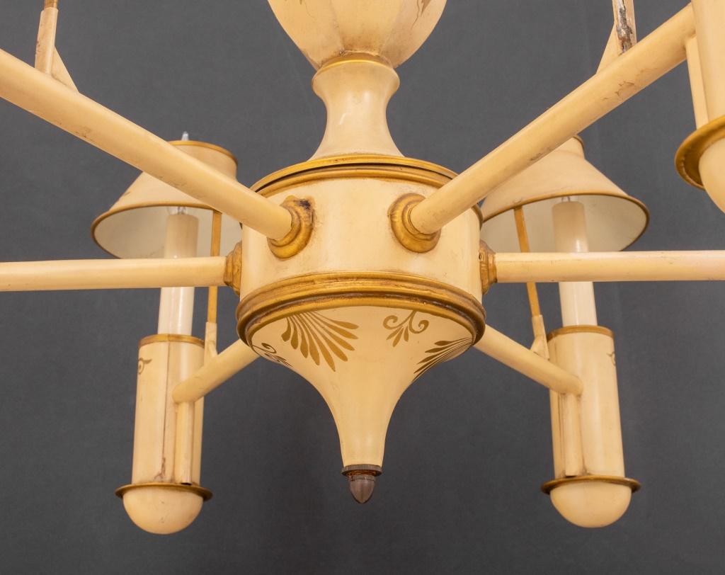 English Regency Style Cream and Parcel-Gilt Tole Peinte Six-Light Chandelier, with vasiform central element issuing six shaded lights. 37.5