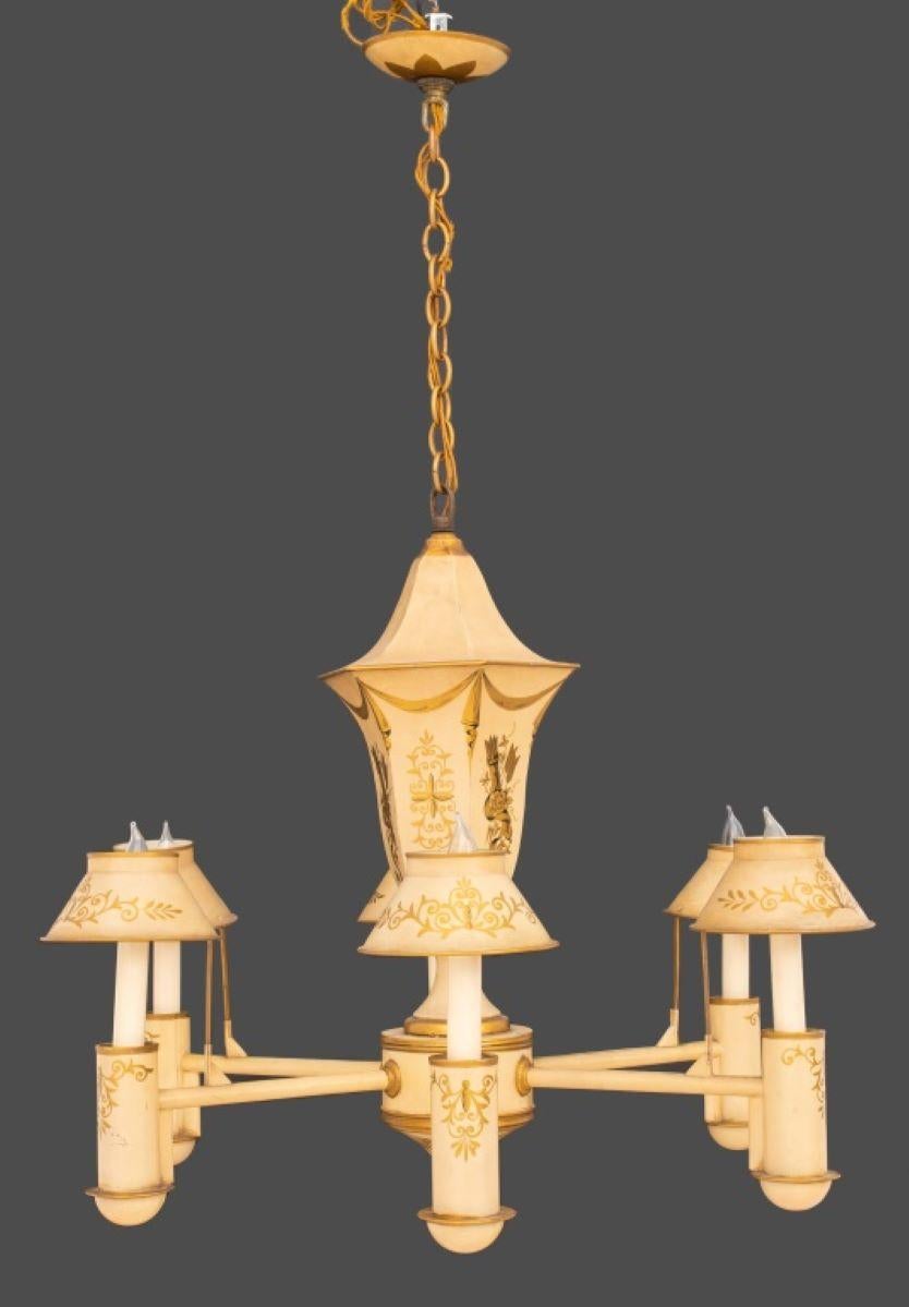 English Regency Style Tole Six-Light Chandelier In Good Condition For Sale In New York, NY