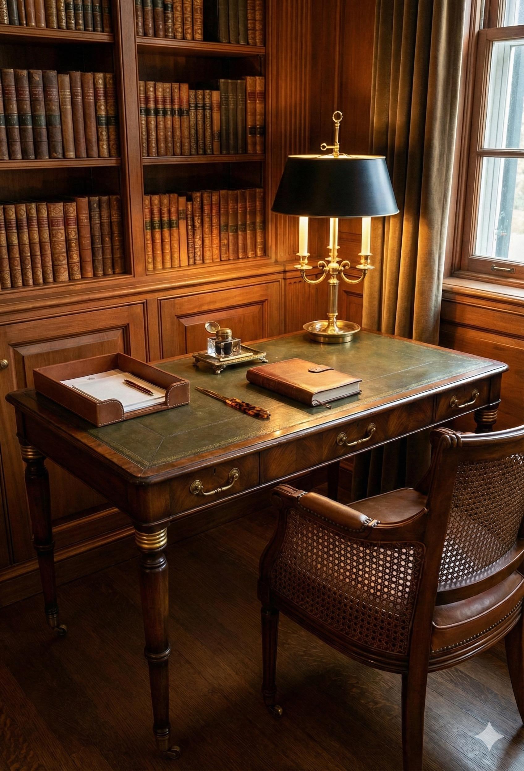 Il s'agit d'un bureau ou d'une table de style régence anglaise de la fin du 20e siècle. Il est en noyer et comporte trois faux tiroirs.  donnant l'illusion d'un bureau de partenaires. Le cuir est vert sauge. J'aime aussi les quatre roulettes. Il est