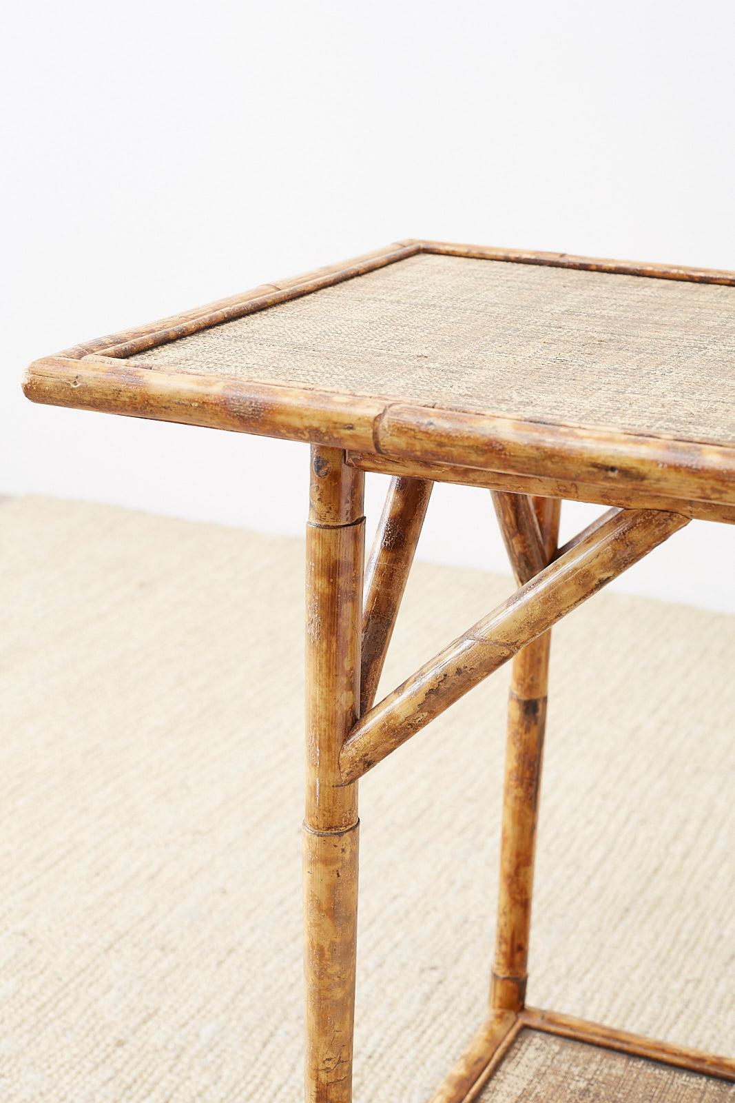 English Regency Style Tortoise Shell Bamboo Raffia Table In Good Condition In Rio Vista, CA