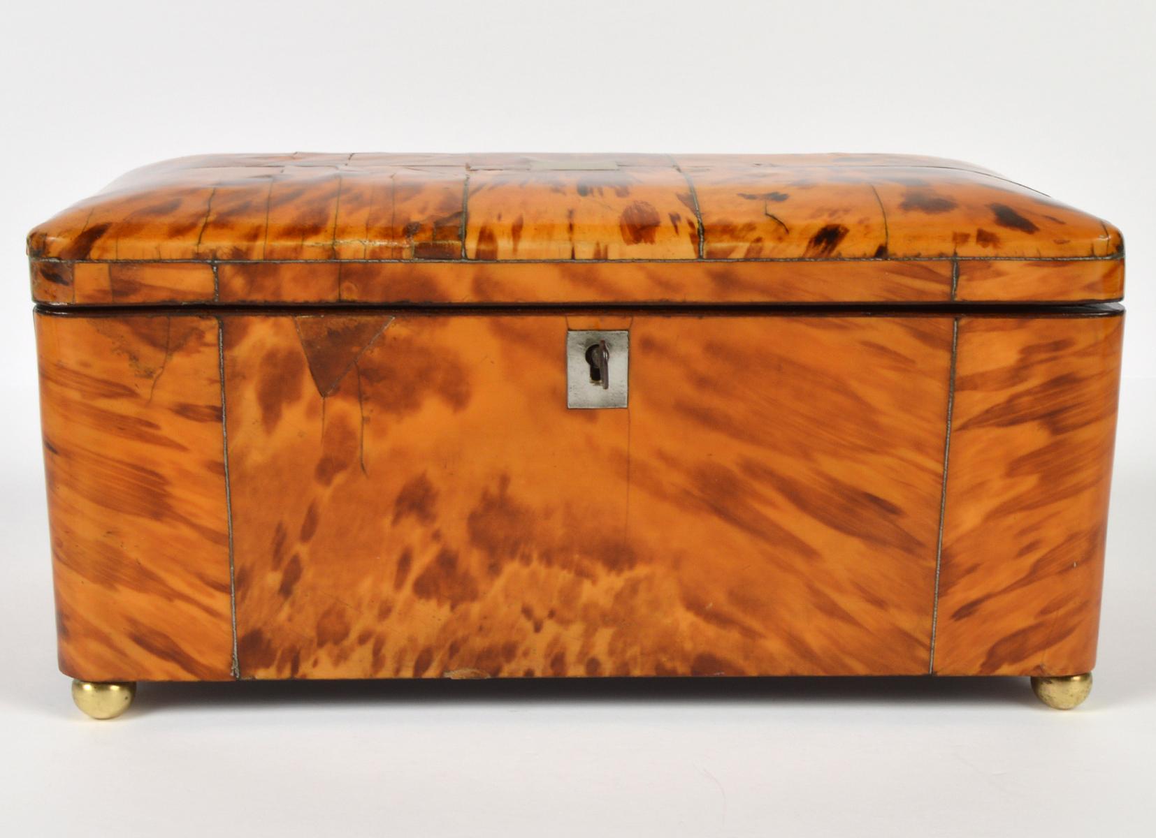 This fine English tea caddy dates to circa 1850. Is clad by brass stringed tortoise shell panels on all sides and raised on brass feet. The slightly domed top centring an uninscribed brass plaque opens up to an interior with two tortoise shell faced
