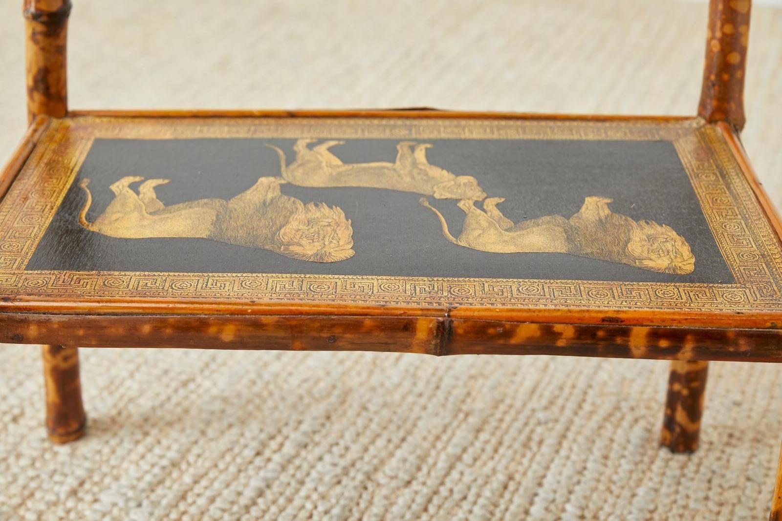 English Regency Style Tortoiseshell Bamboo Decoupage Lion Table 12