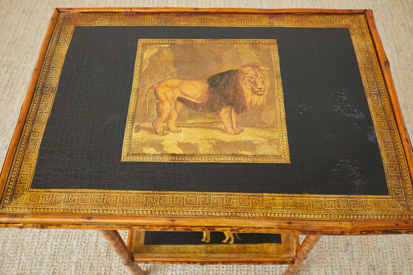 20th Century English Regency Style Tortoiseshell Bamboo Decoupage Lion Table