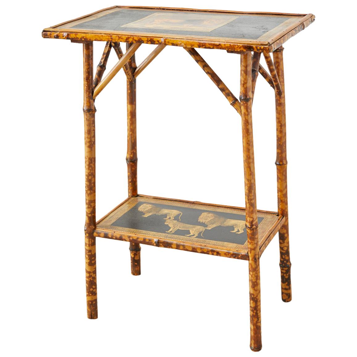 English Regency Style Tortoiseshell Bamboo Decoupage Lion Table