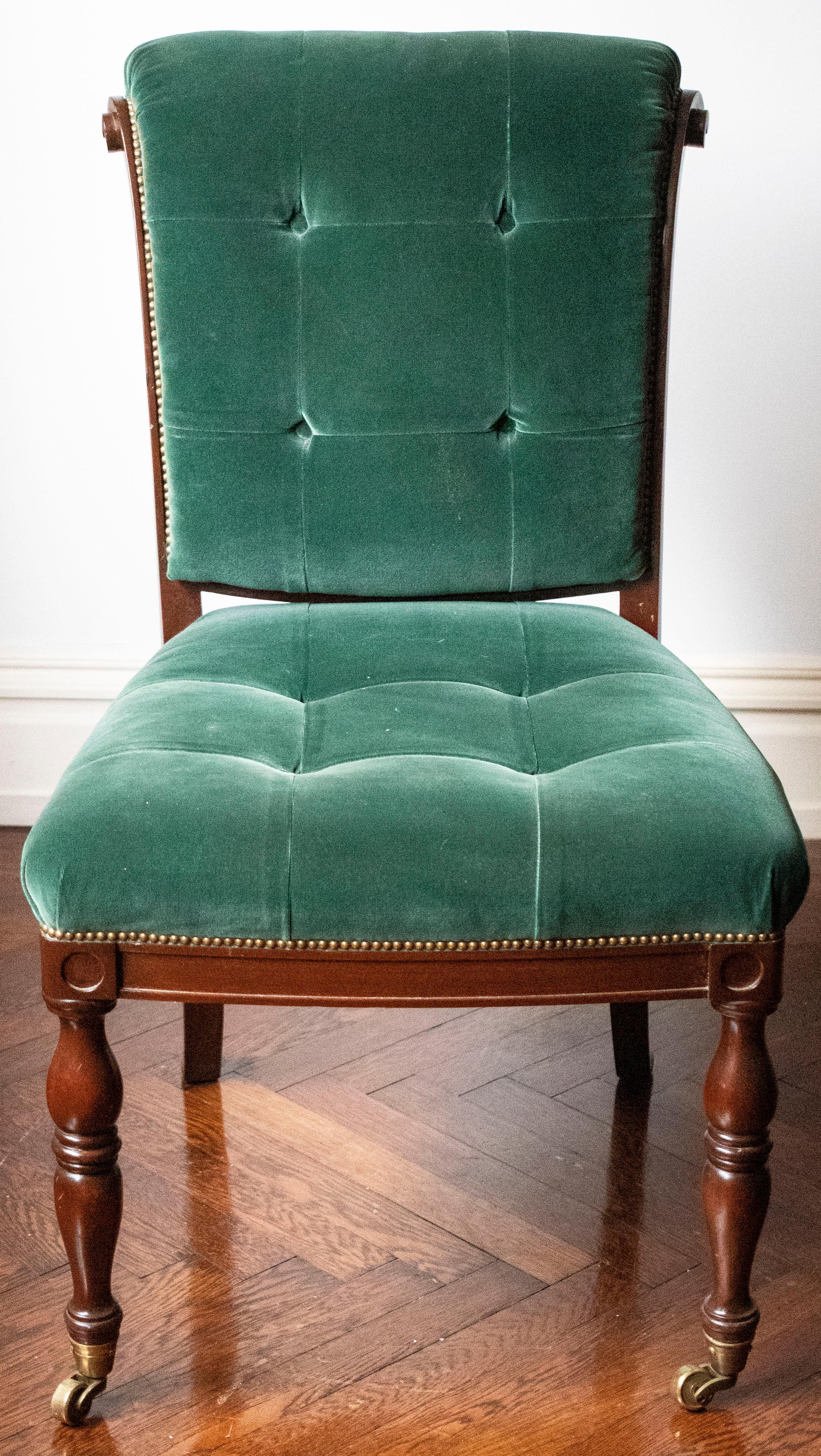 English Regency style library or side chair with tufted green velvet upholstery. 36