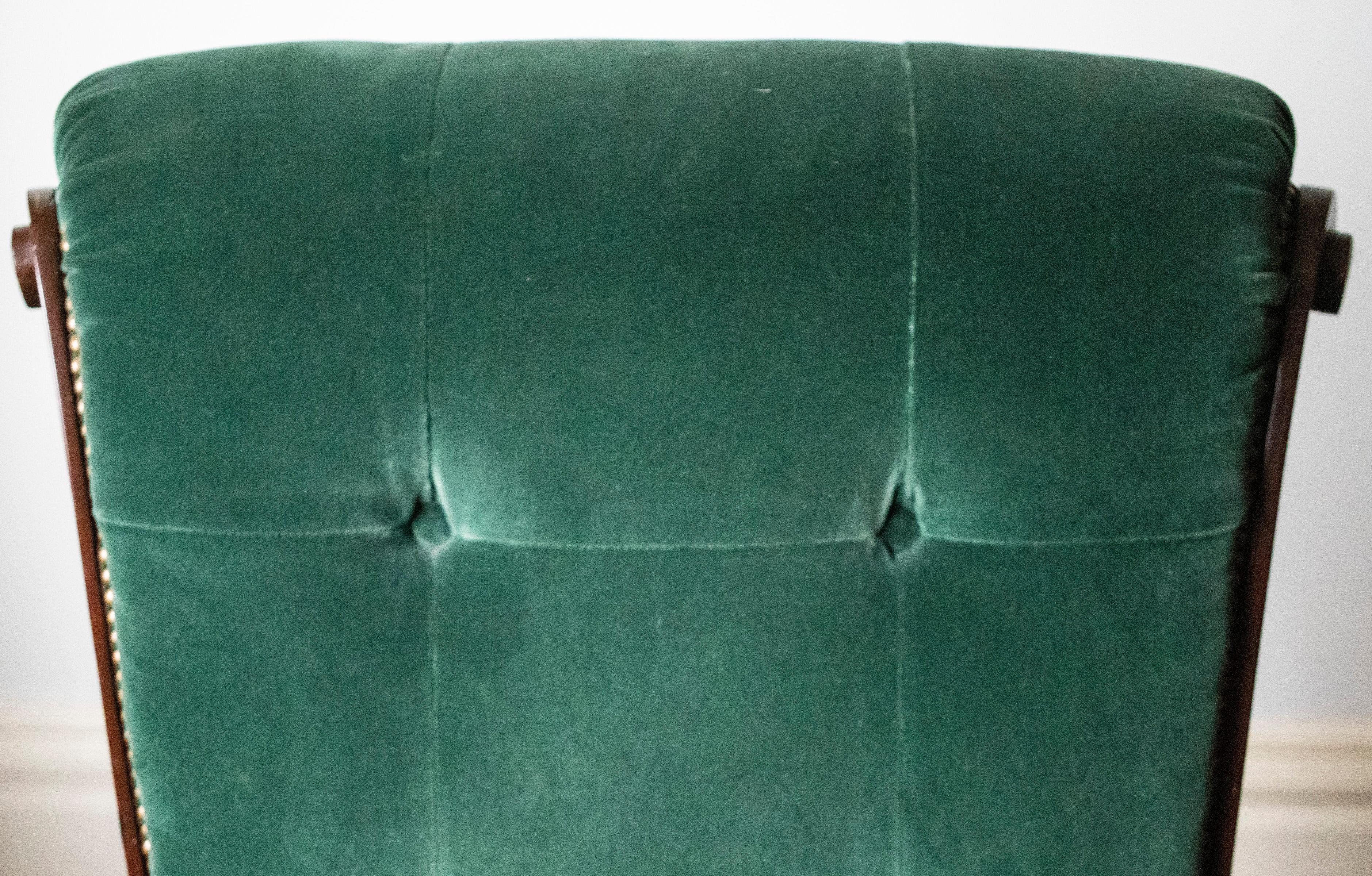 20th Century English Regency Style Tufted Green Velvet Library Chair