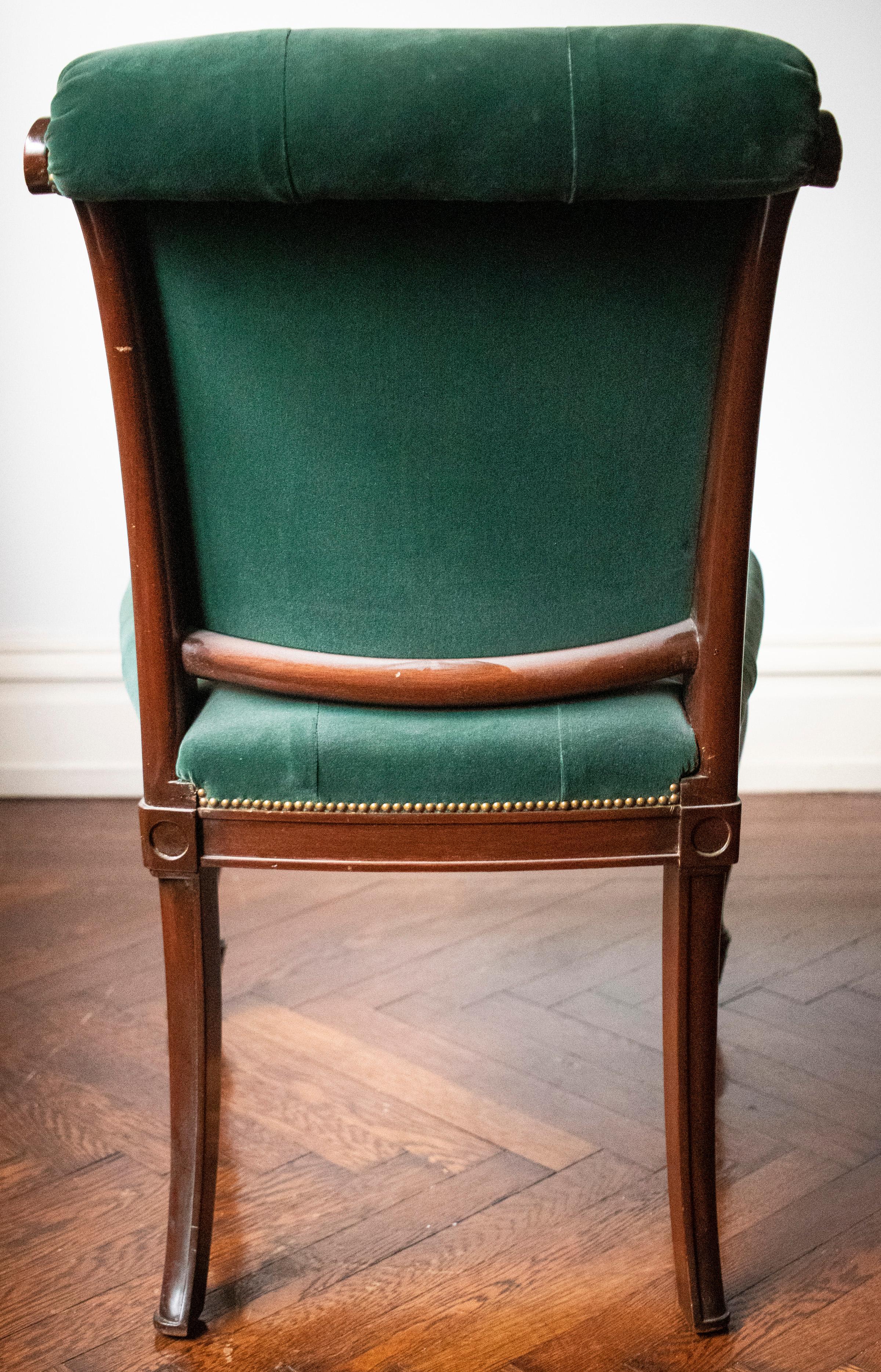 Upholstery English Regency Style Tufted Green Velvet Library Chair