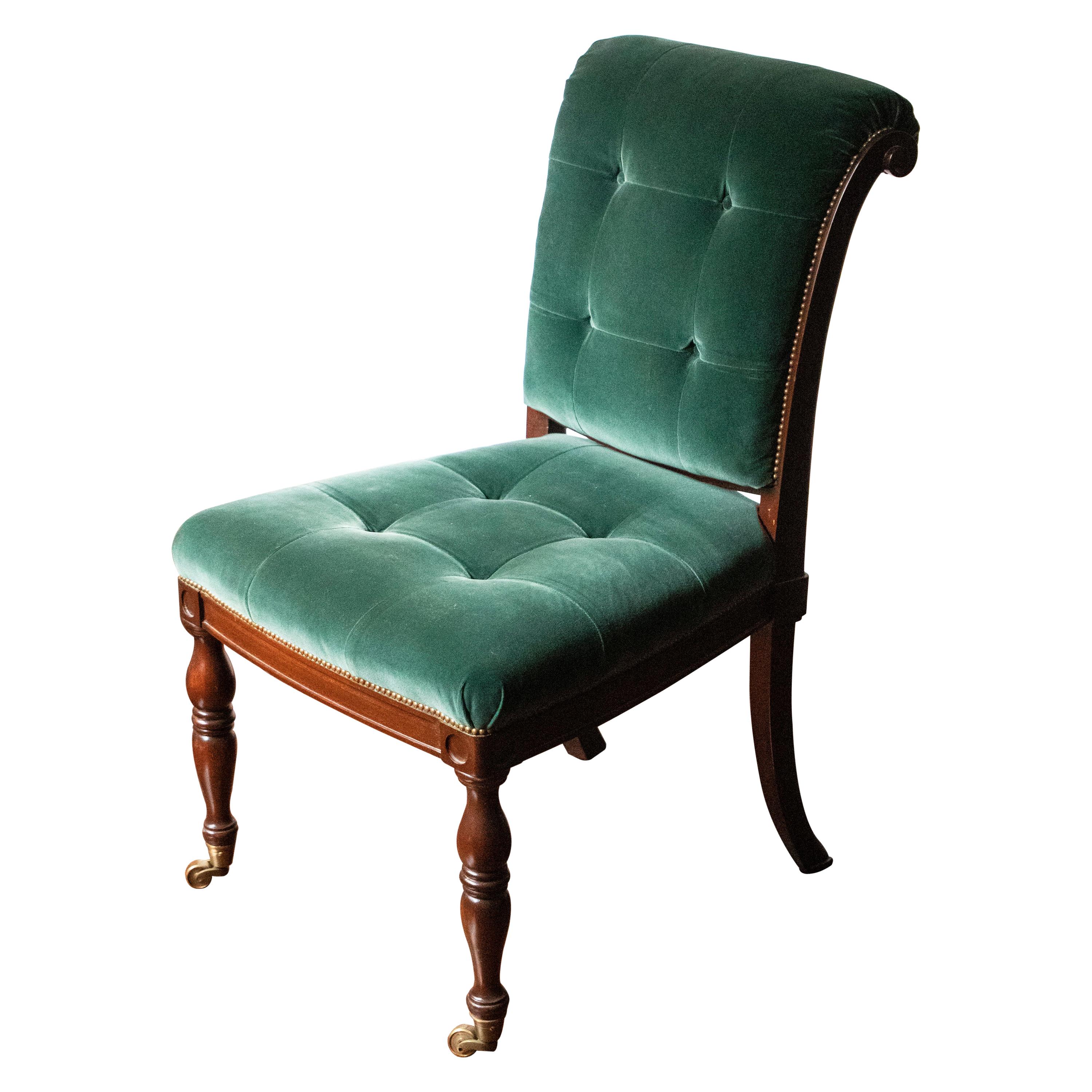 English Regency Style Tufted Green Velvet Library Chair