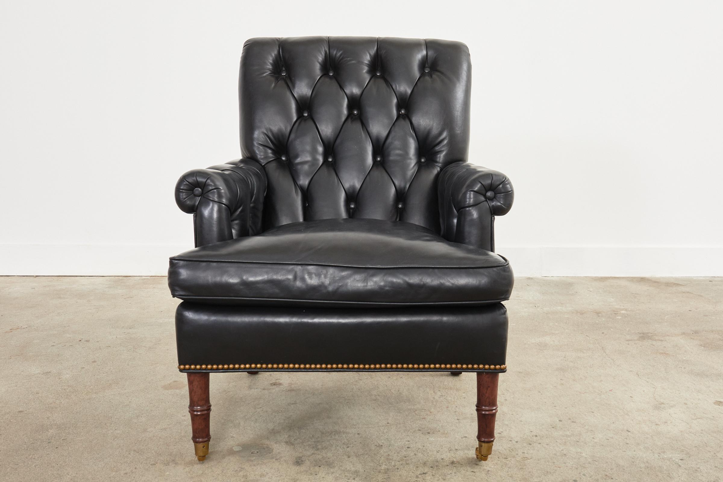 American English Regency Style Tufted Leather Library Armchair with Ottoman