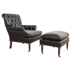 English Regency Style Tufted Leather Library Armchair with Ottoman