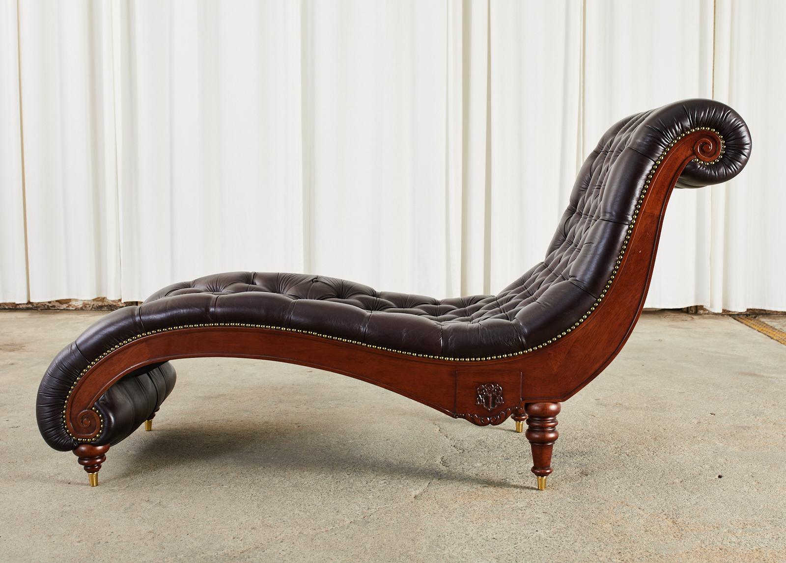 English Regency Style Tufted Leather Mahogany Chaise Longue 6