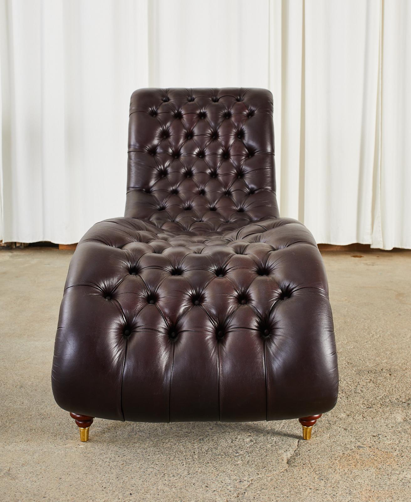 Hand-Crafted English Regency Style Tufted Leather Mahogany Chaise Longue