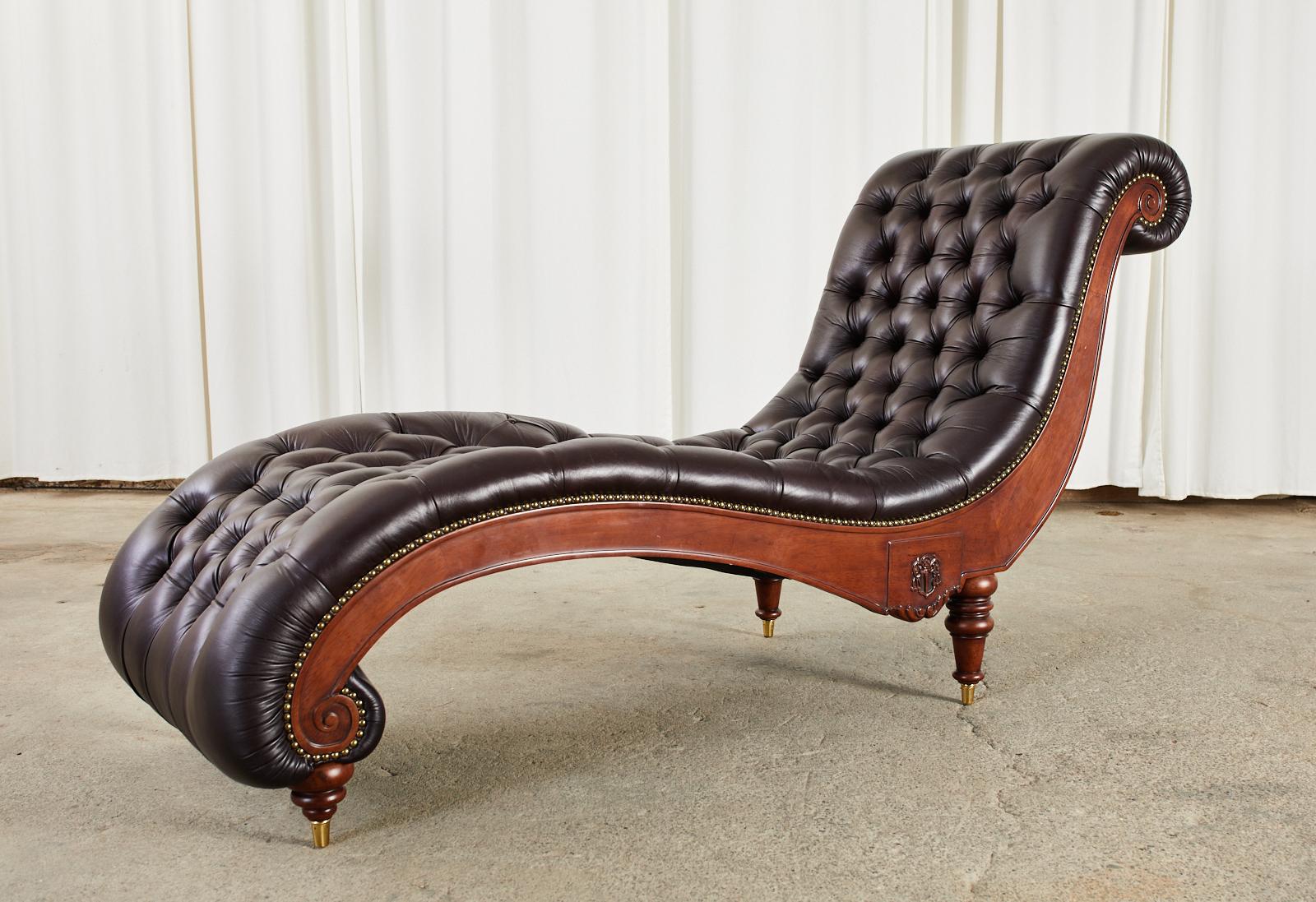 Brass English Regency Style Tufted Leather Mahogany Chaise Longue