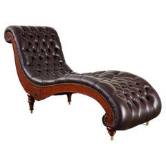English Regency Style Tufted Leather Mahogany Chaise Longue