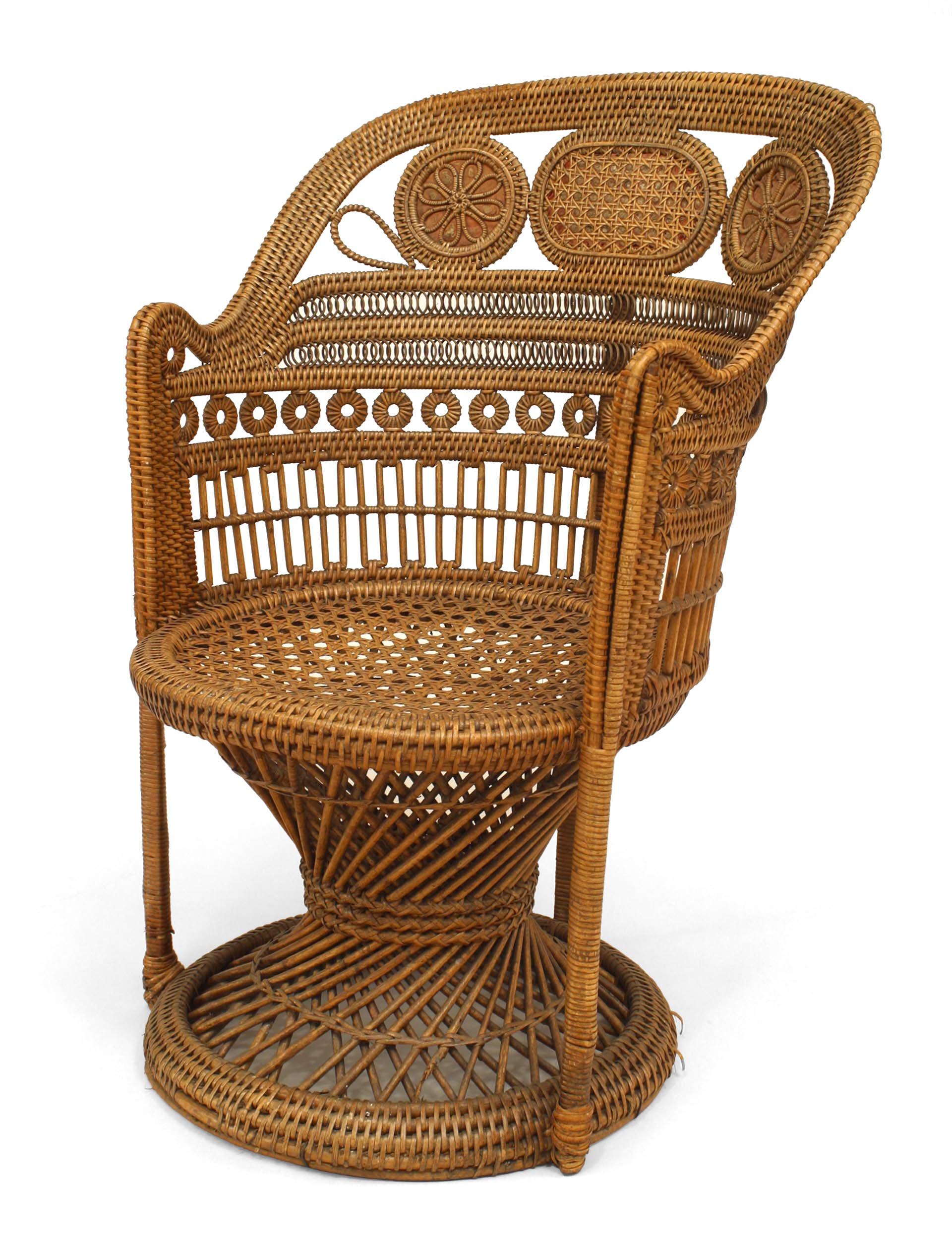 English Regency style (19/20th Cent) natural wicker arm chair with hour glass base and cane seat.
