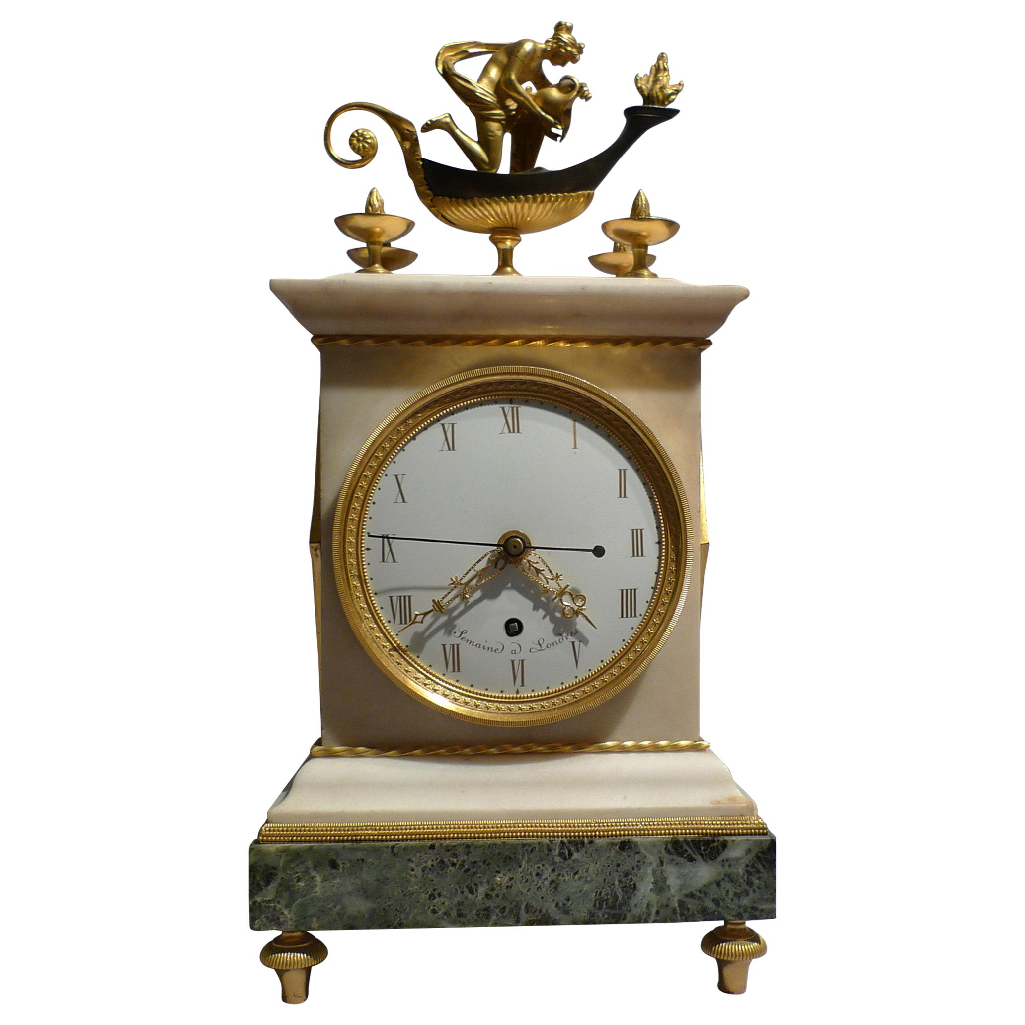 Pendule de cheminée néoclassique English Regency de Thomas Weeks en marbre et bronze doré en vente