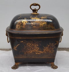 English Regency Tole Chinoiserie Decorated Lidded Fuel Bin, C. 1810s