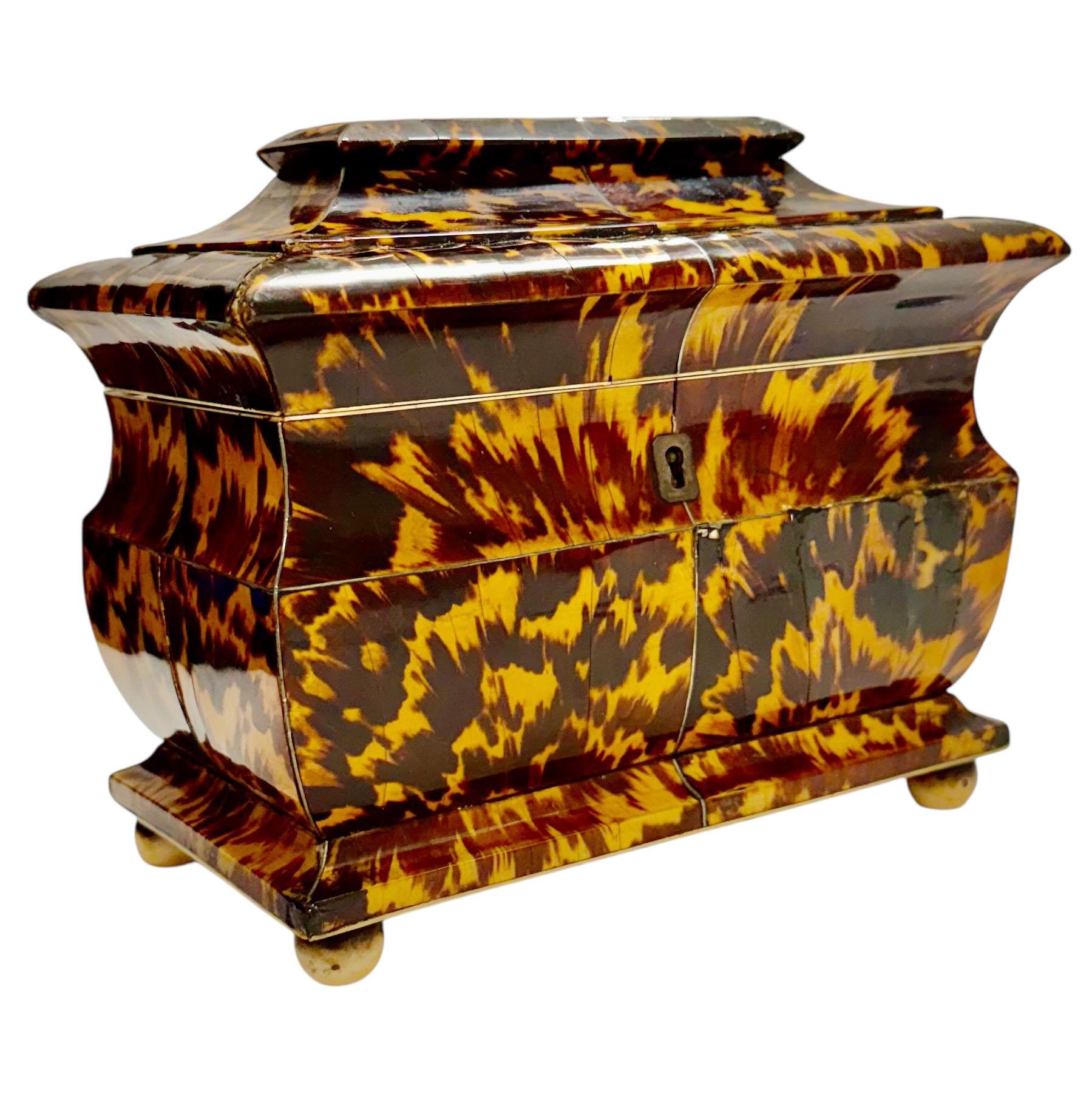 An exquisite English Regency tea caddy, early 19th century, designed in a rare and elegant pagoda form. This beautifully crafted piece features tortoiseshell panels enriched with sterling silver banding, showcasing the refined taste and decorative
