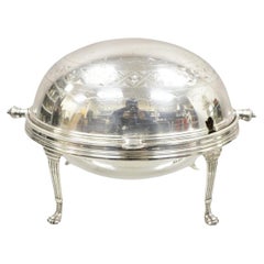 Plato calientaplatos giratorio de cúpula chapado en plata de la época victoriana de la regencia inglesa