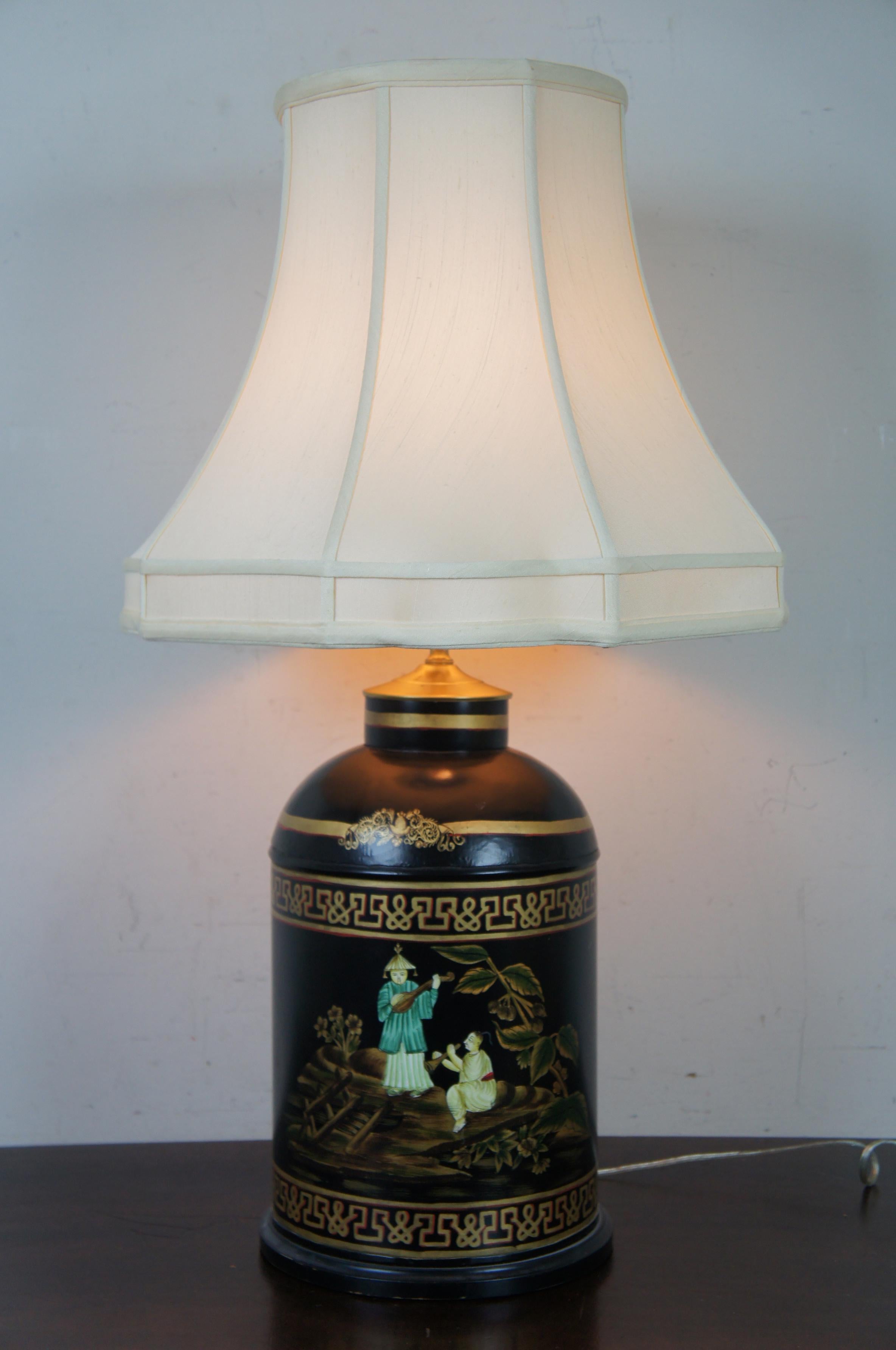 Metal English Regency Vintage Asian Toleware Tea Caddy Canister Table Lamp Chinoiserie