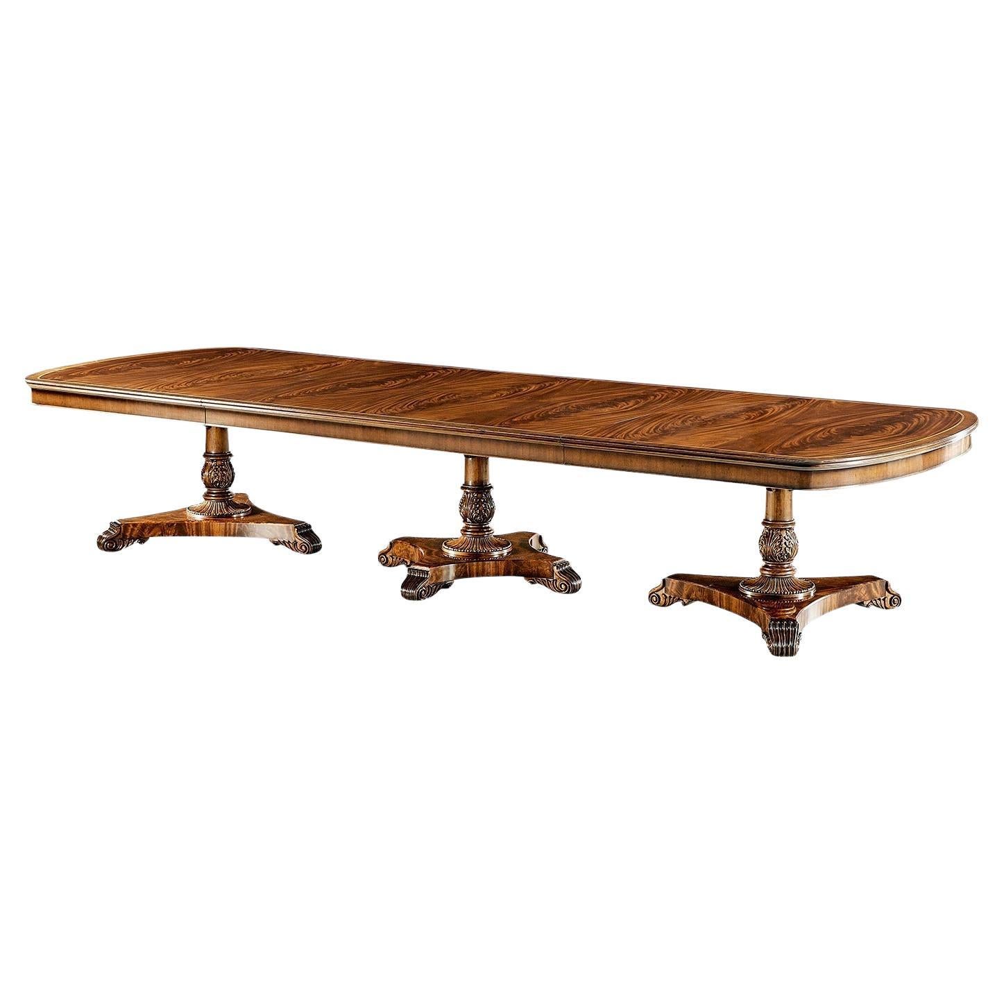 English Regency Walnut Triple Pedestal Extending Dining Table