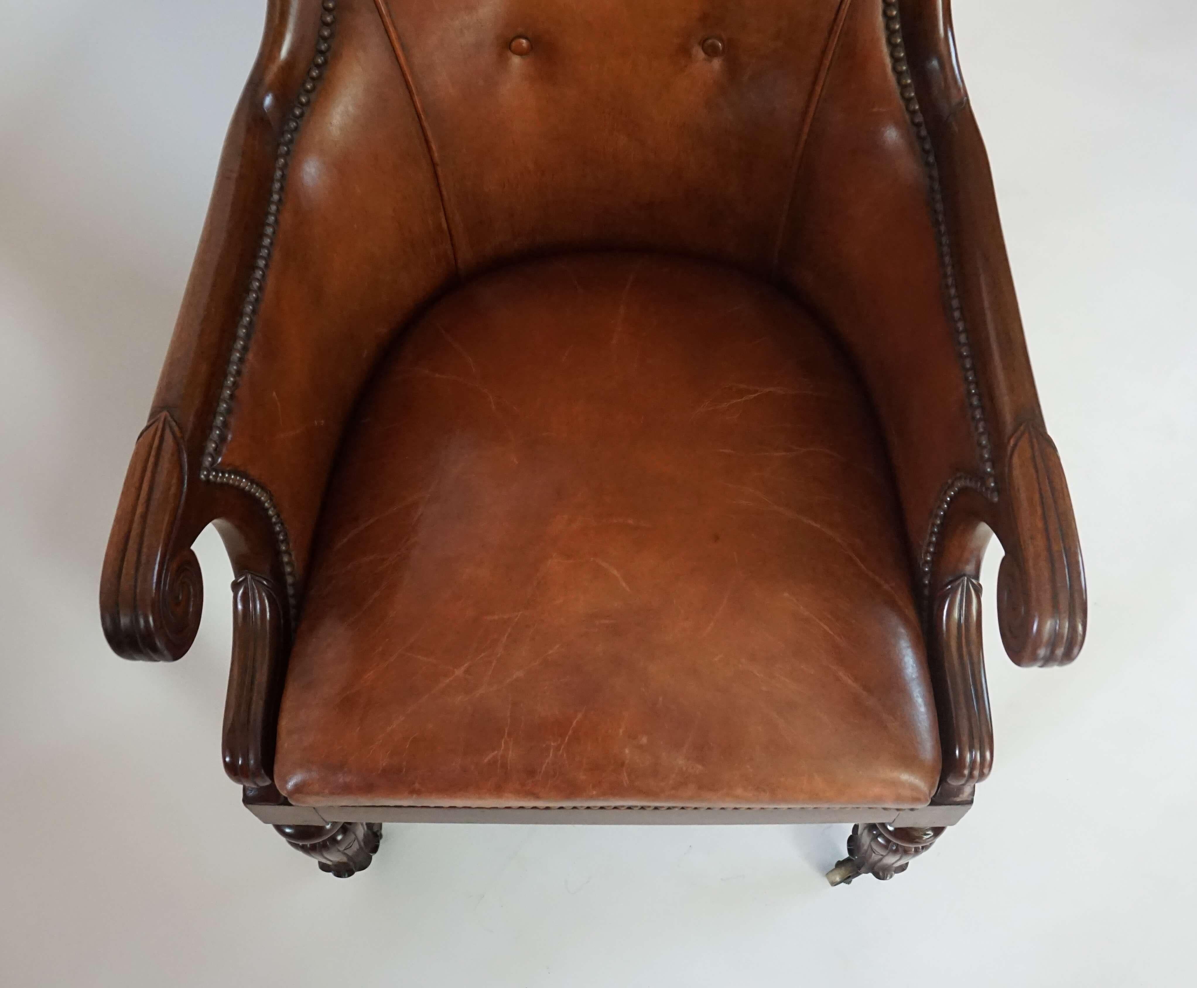 English Regency William IV Mahogany and Leather Bergère Armchair, circa 1835 3