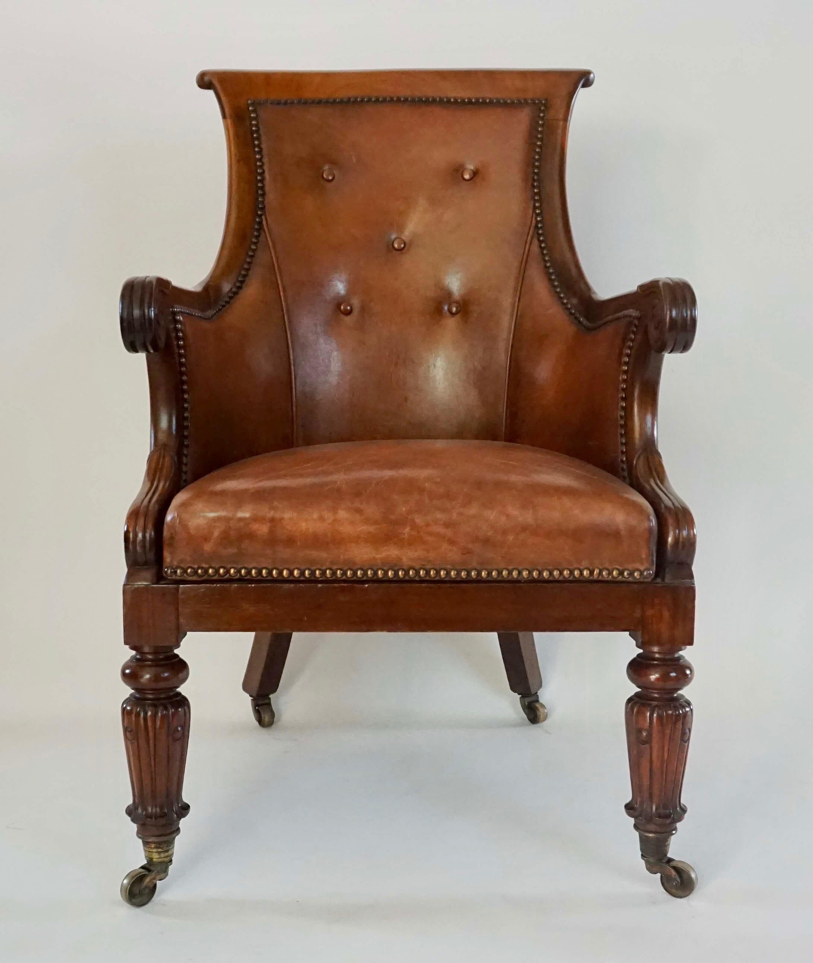 English Regency William IV Mahogany and Leather Bergère Armchair, circa 1835 6