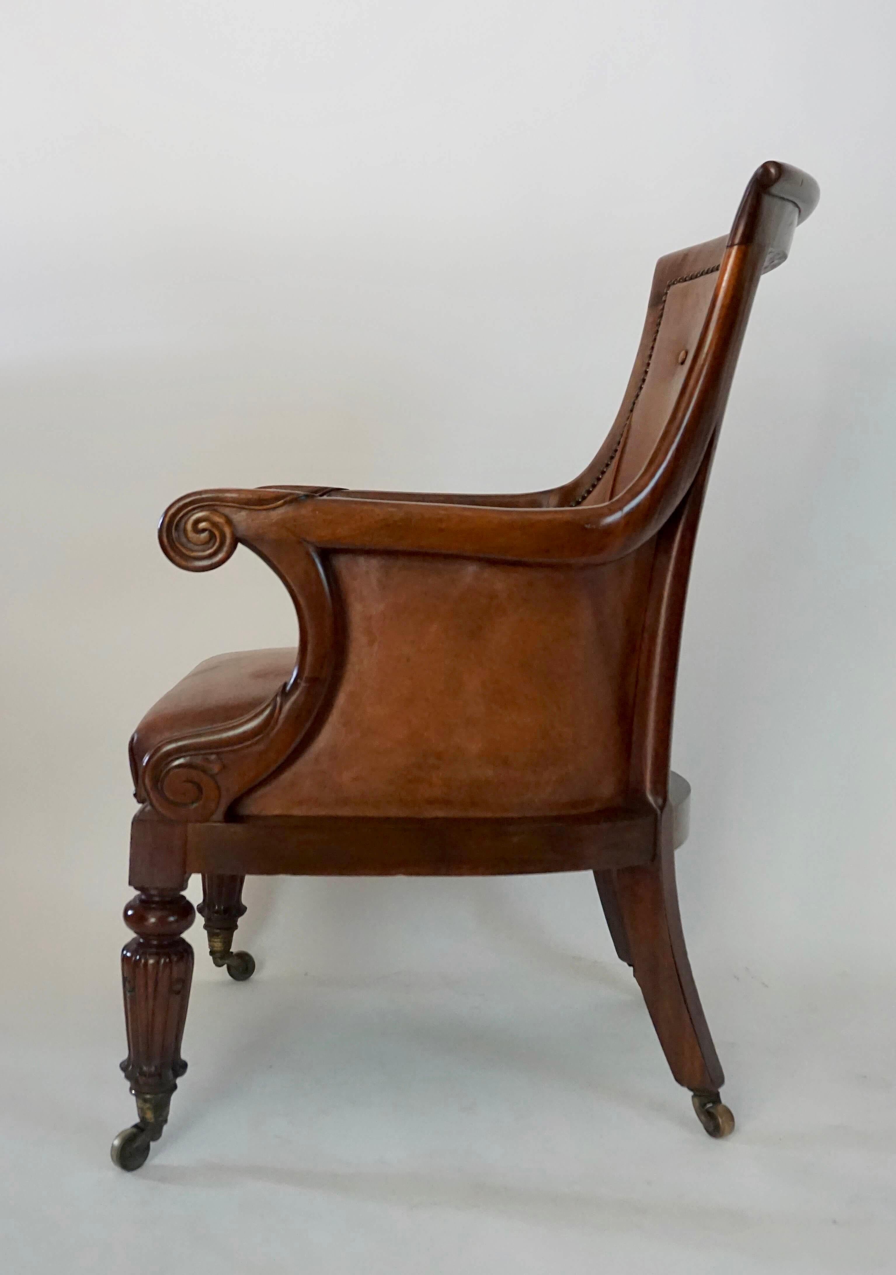 Carved English Regency William IV Mahogany and Leather Bergère Armchair, circa 1835