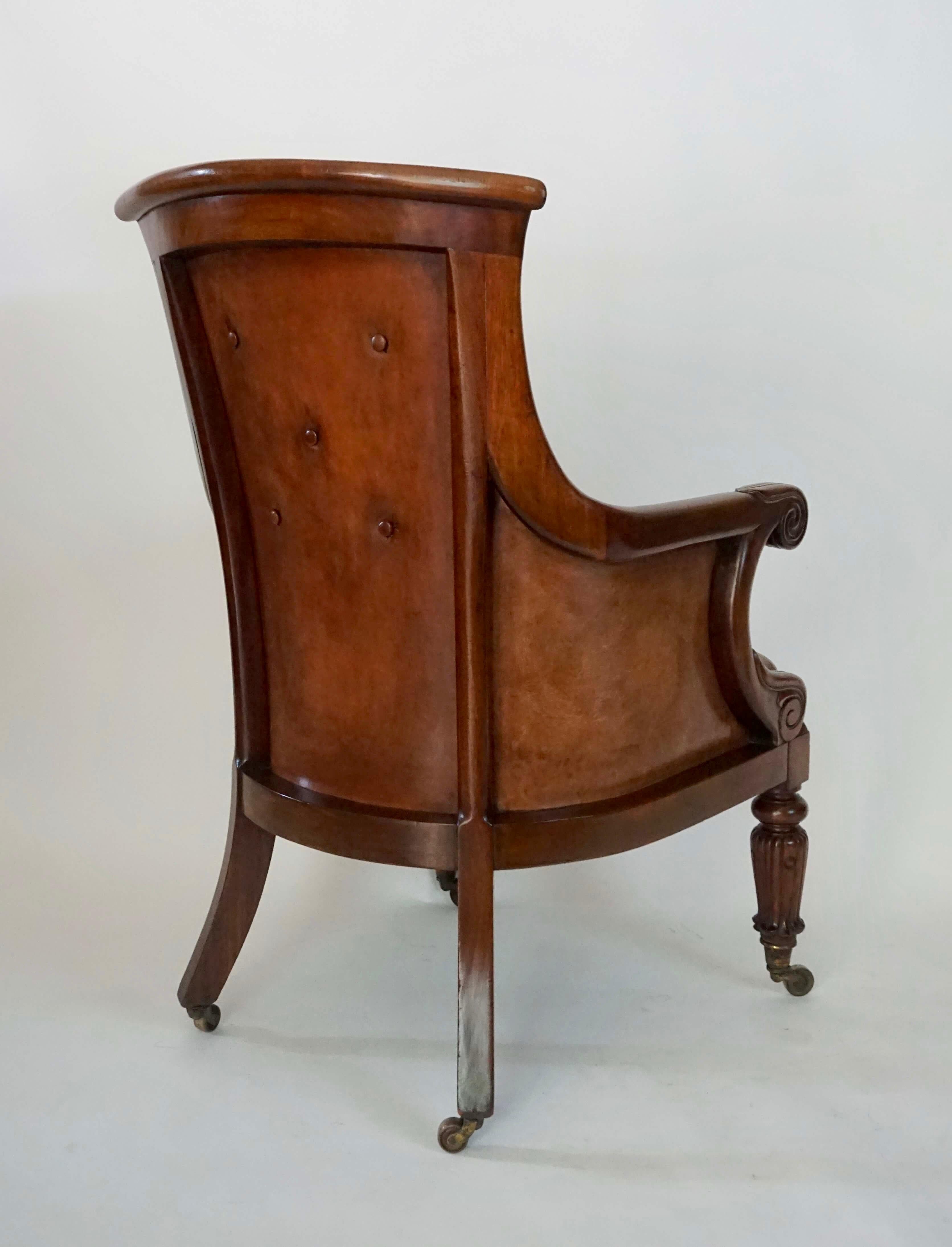 Brass English Regency William IV Mahogany and Leather Bergère Armchair, circa 1835