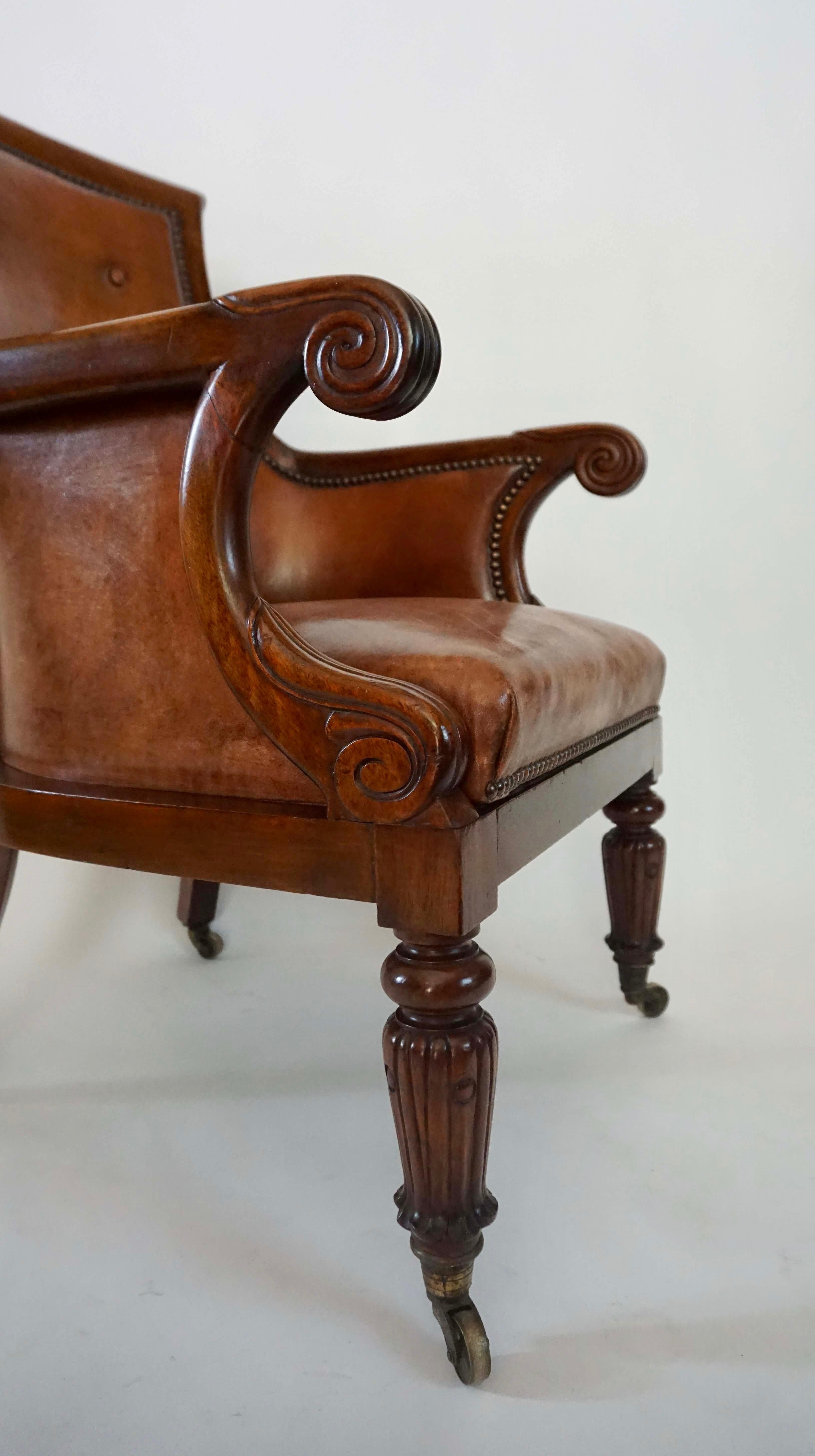 English Regency William IV Mahogany and Leather Bergère Armchair, circa 1835 2