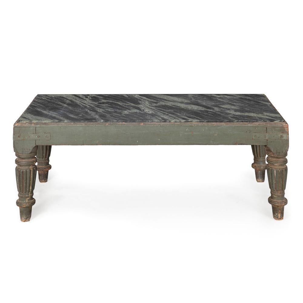 WILLIAM IV TEAL PAINTED MARBLE TOP LOW COFFEE TABLE

Probably Anglo-Indian, circa 1840  with a modern green marble inset top

17 1/4