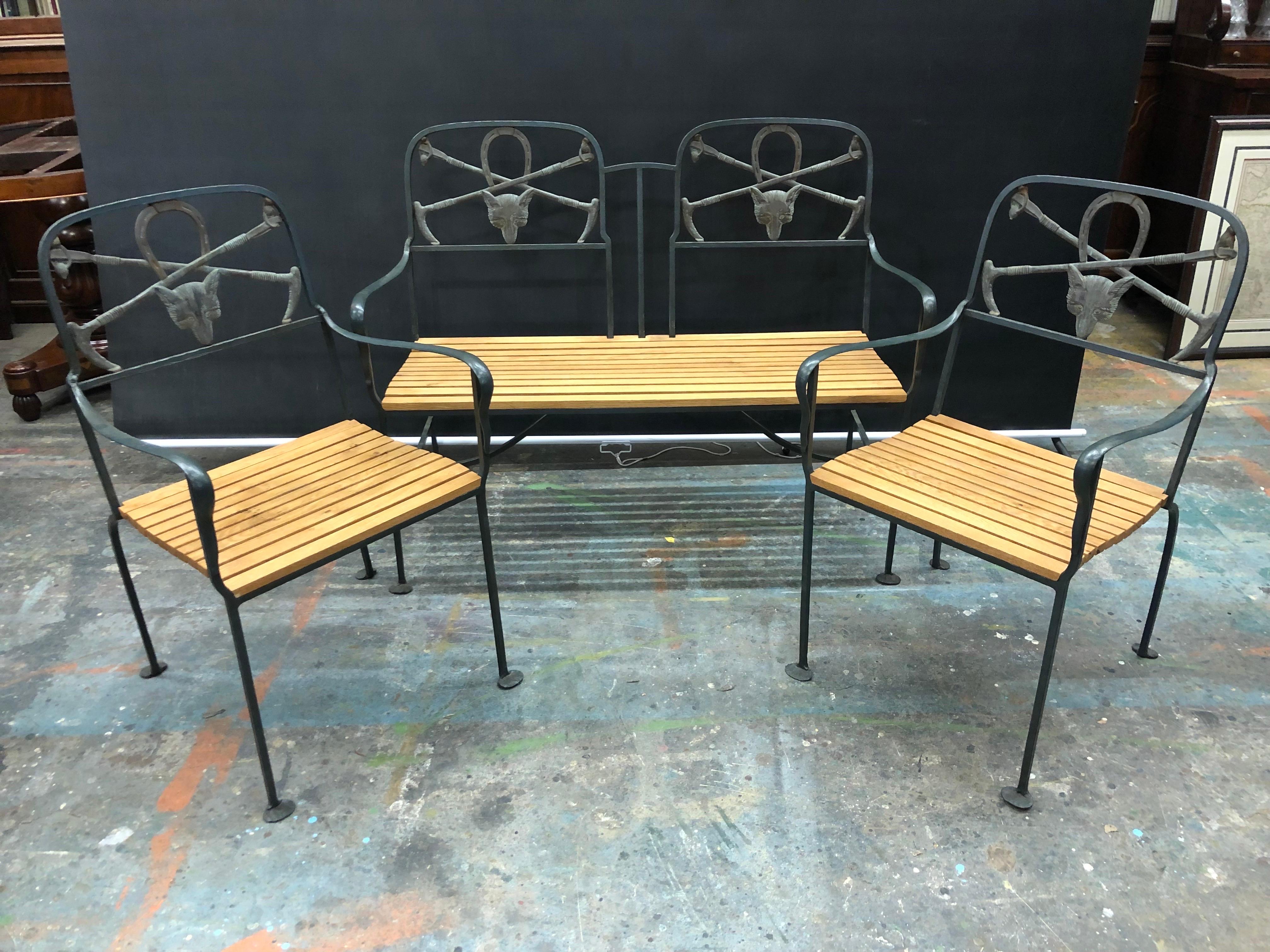 English Regency Wrought Iron and Brass Fox Three Piece Garden Set, Early 20th C In Good Condition In Charleston, SC